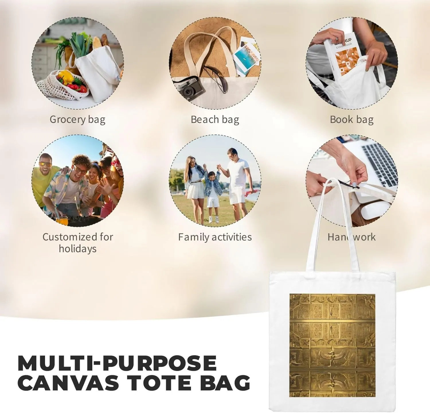 Egypt Hieroglyphics Print Canvas Shopping Bag Reusable Eco-Friendly Handbag With Large Capacity For Everyday Use