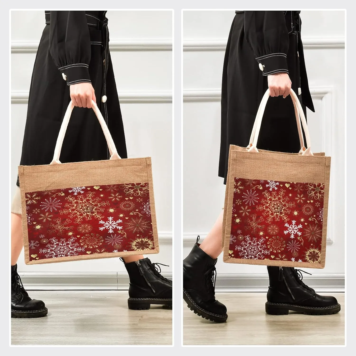 Eionryn Christmas Gold Snowflakes Jute Burlap Tote Bag Winter Holiday Themed Reusable Grocery Shopping Bag Beach Bag Market Bags With Handle for Wedding Party Gift DIY 9.8 x 9.8 x 7.1 inch