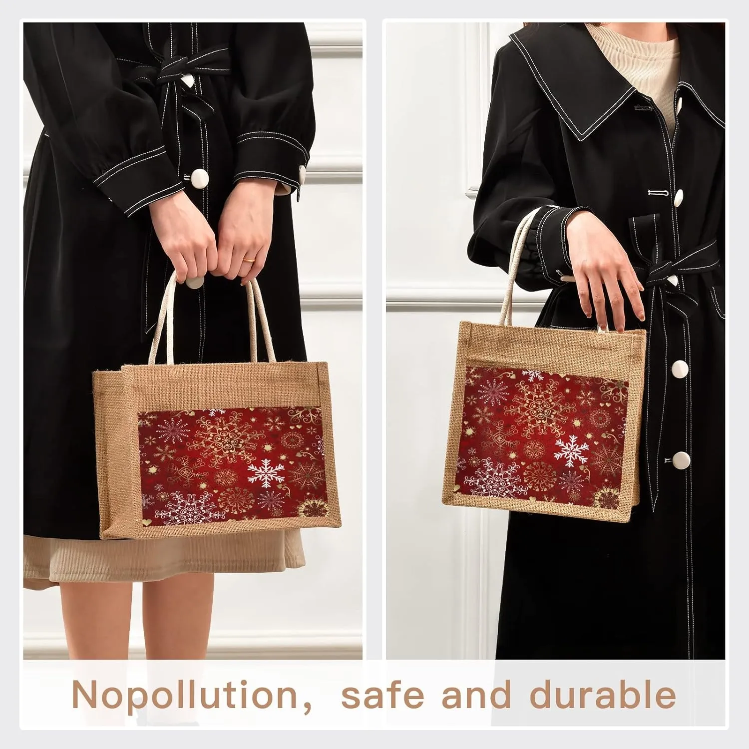Eionryn Christmas Gold Snowflakes Jute Burlap Tote Bag Winter Holiday Themed Reusable Grocery Shopping Bag Beach Bag Market Bags With Handle for Wedding Party Gift DIY 9.8 x 9.8 x 7.1 inch