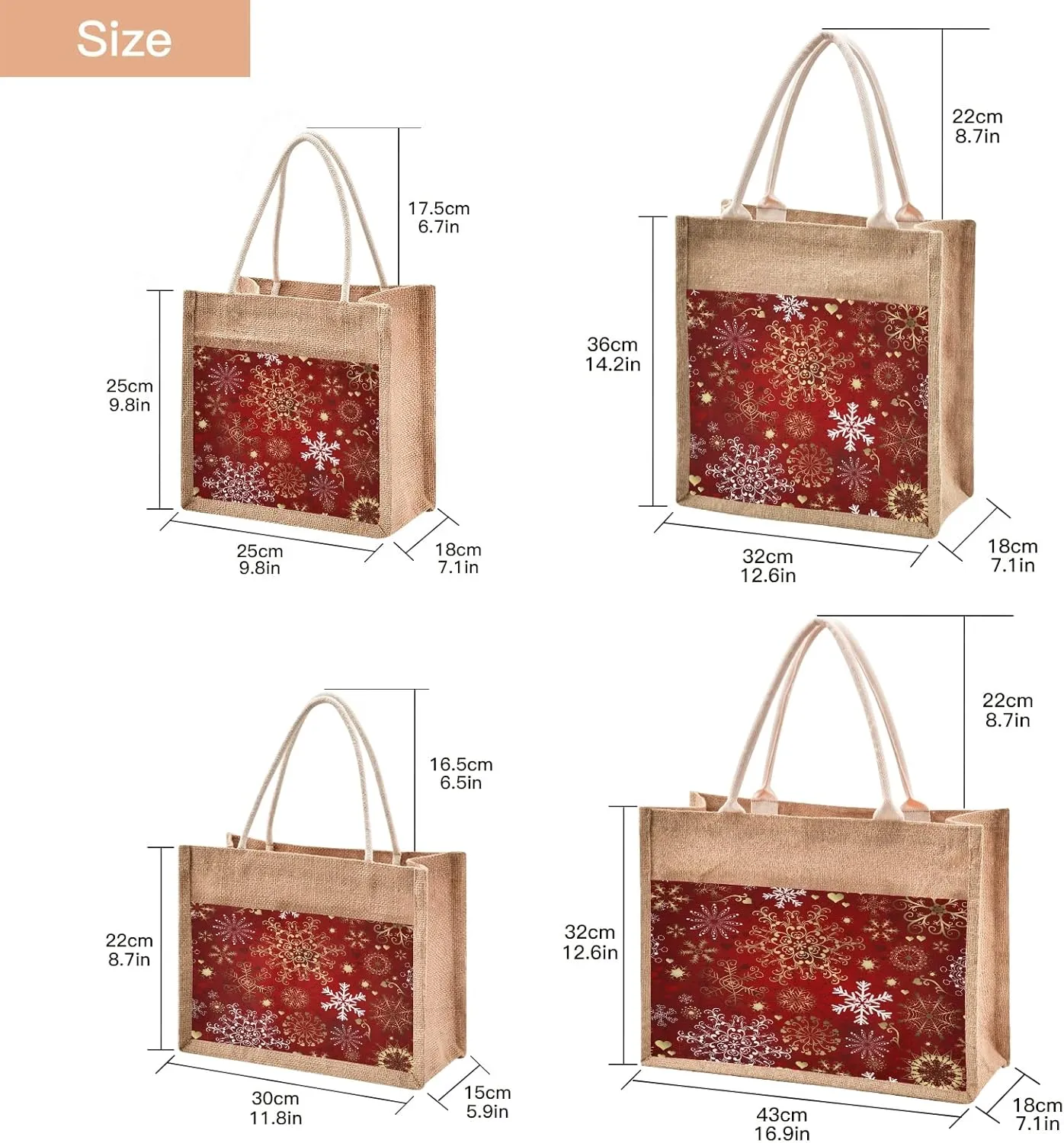 Eionryn Christmas Gold Snowflakes Jute Burlap Tote Bag Winter Holiday Themed Reusable Grocery Shopping Bag Beach Bag Market Bags With Handle for Wedding Party Gift DIY 9.8 x 9.8 x 7.1 inch