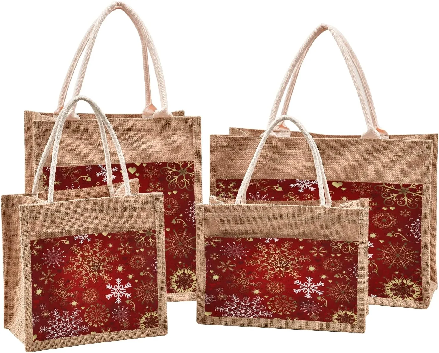 Eionryn Christmas Gold Snowflakes Jute Burlap Tote Bag Winter Holiday Themed Reusable Grocery Shopping Bag Beach Bag Market Bags With Handle for Wedding Party Gift DIY 9.8 x 9.8 x 7.1 inch