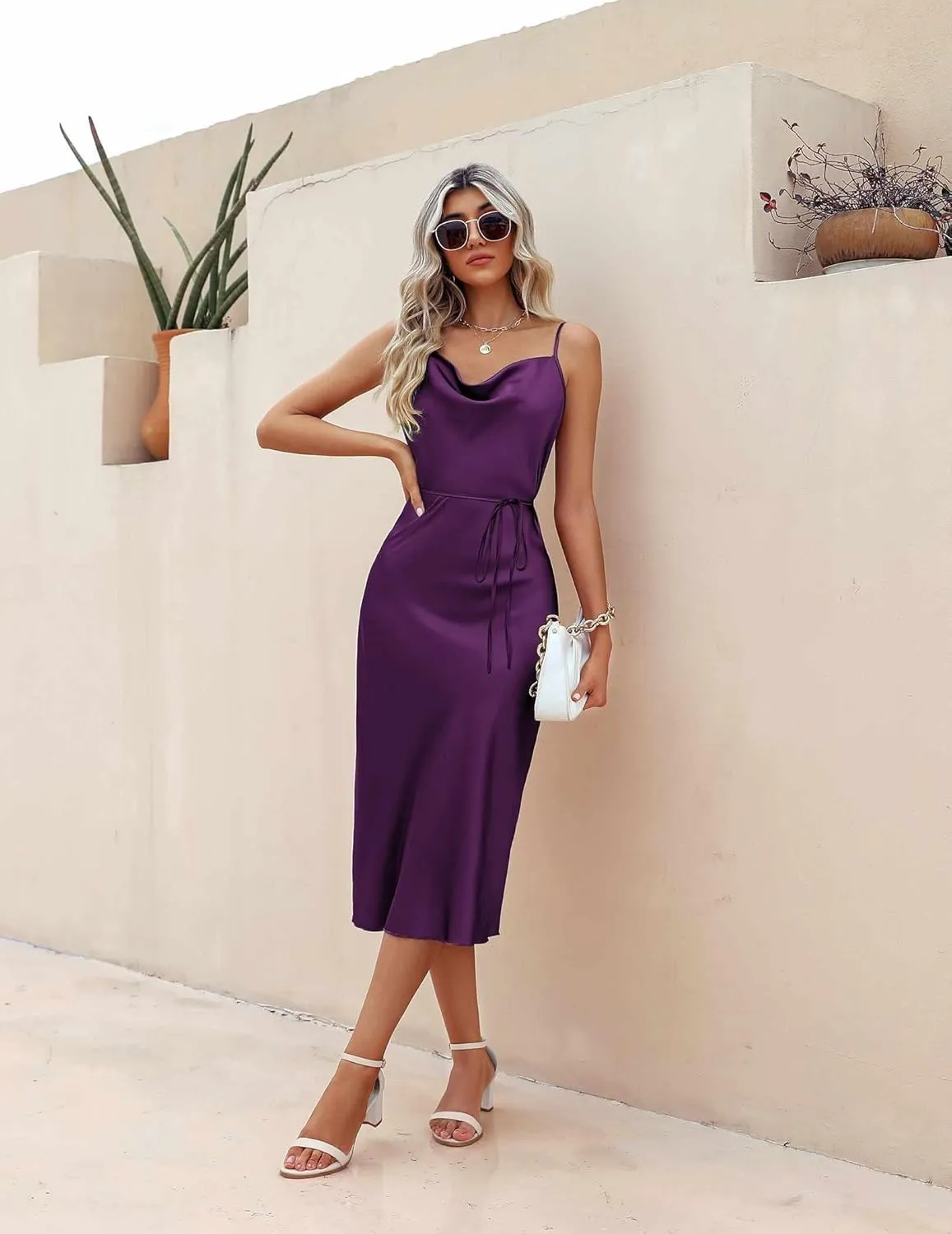 Ekouaer Womens Satin Nightgown Sexy Lingerie Sleepwear Spaghetti Strap Cowl Neck Elegant Long Slip Satin Silk Midi Dress