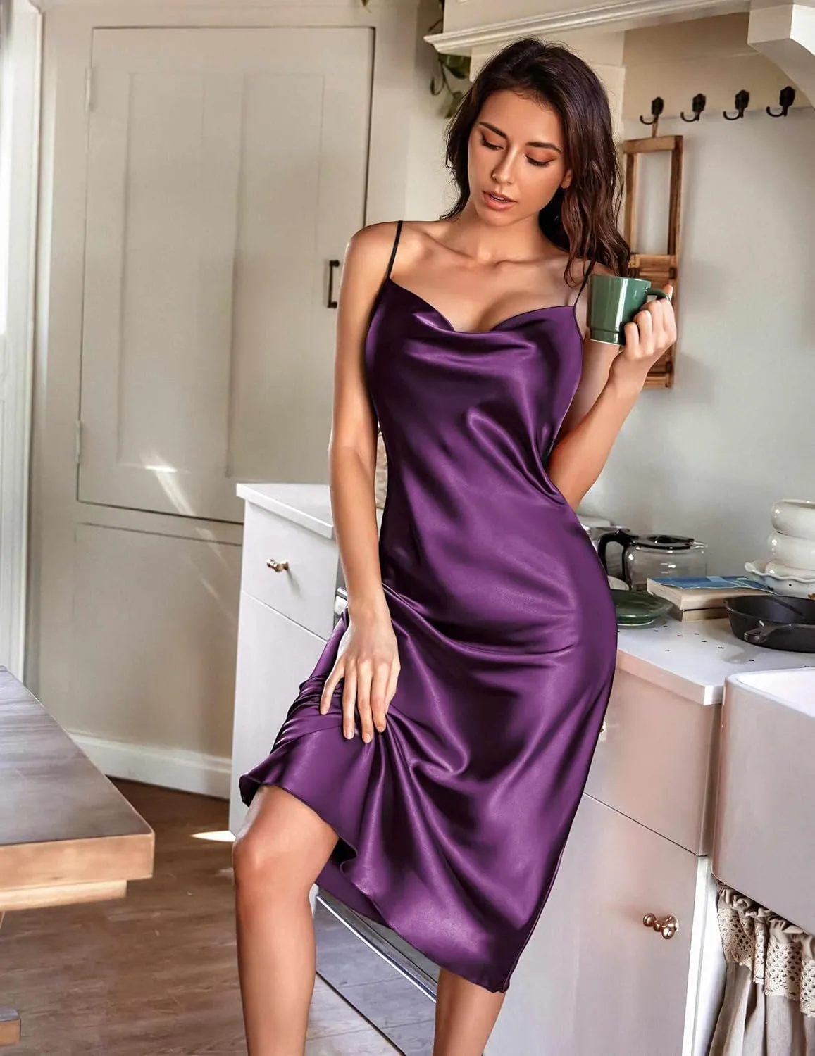Ekouaer Womens Satin Nightgown Sexy Lingerie Sleepwear Spaghetti Strap Cowl Neck Elegant Long Slip Satin Silk Midi Dress