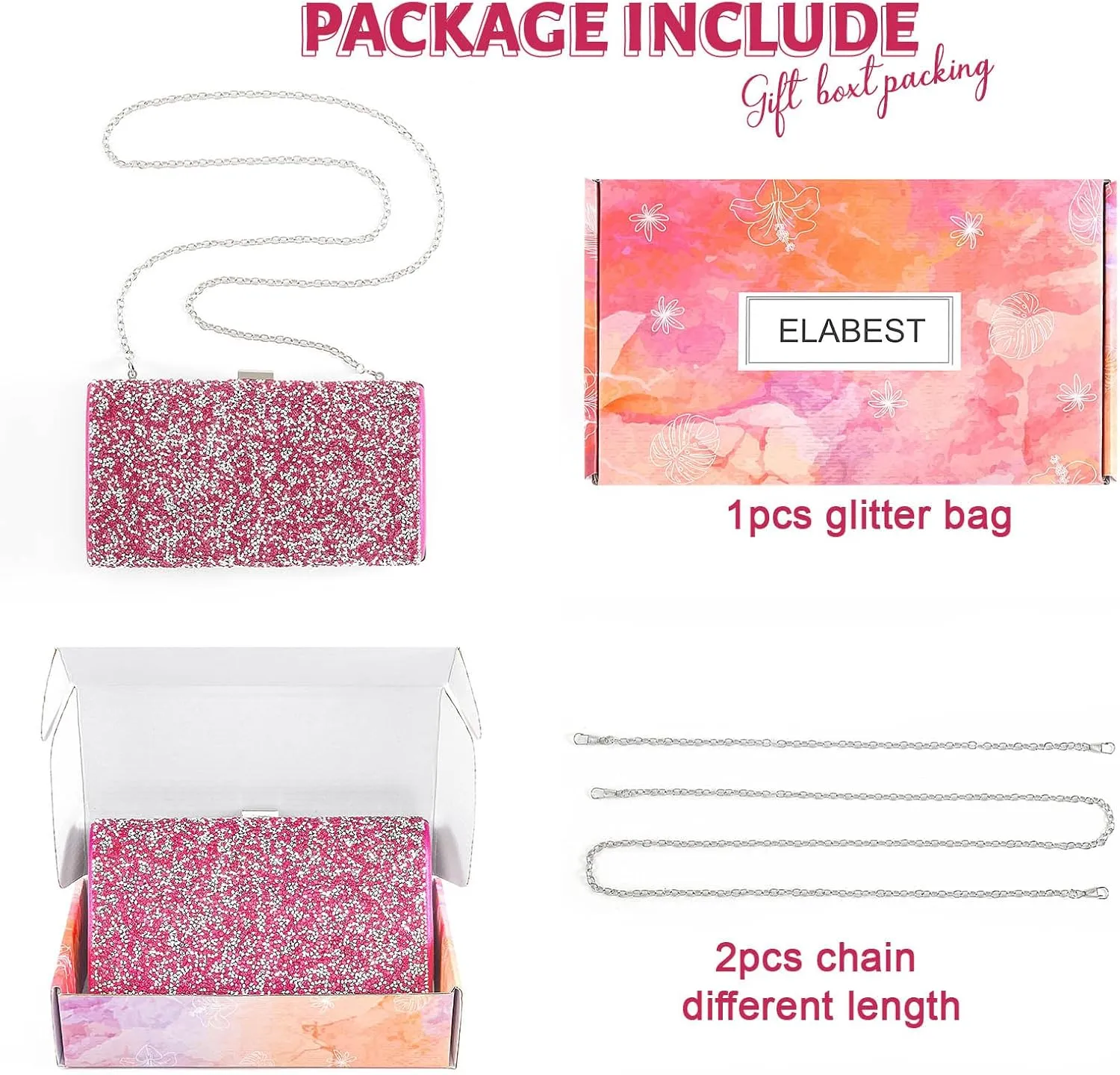 ELABEST Glitter Evening Clutch Bag Double Sided Diamond Bag Crossbody Purse Wedding Party Bag for Women