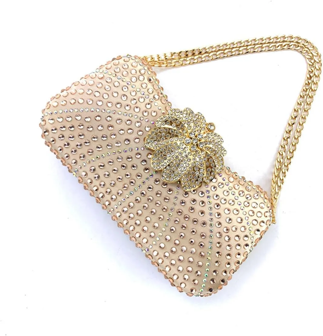 Elegant Ladies Diamond Evening Clutch Floral Handbag Crystal Shoulder Bag Sparkly Women Purse for Cocktail Party Prom