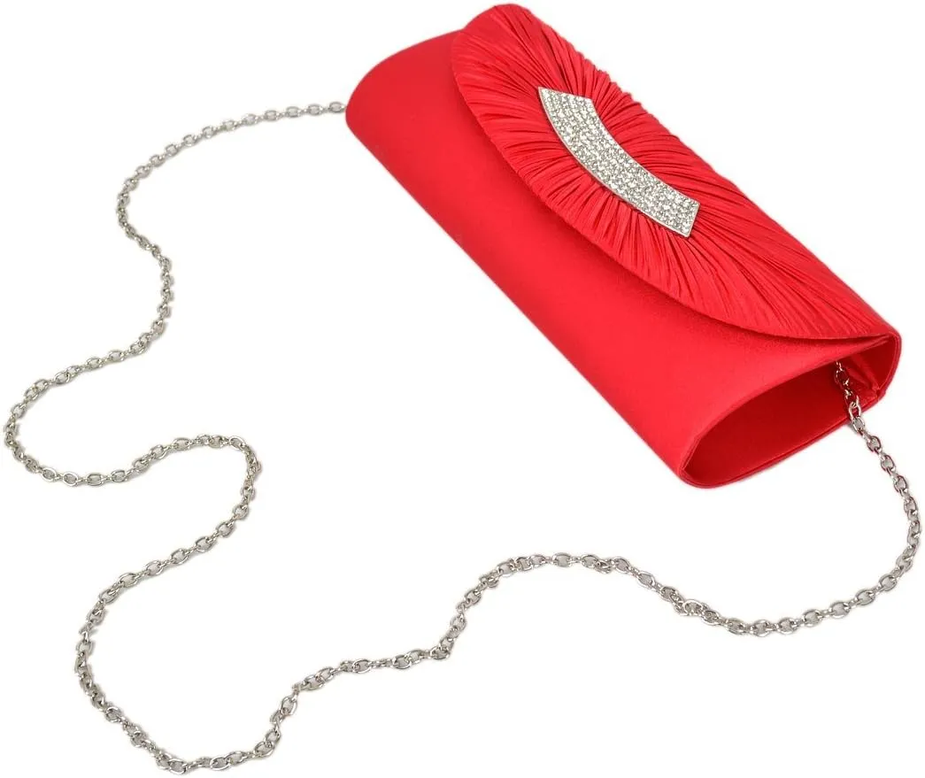 Elegant Pleated Satin Flap Crystal Clutch Evening Bag - Diff Colors Avail
