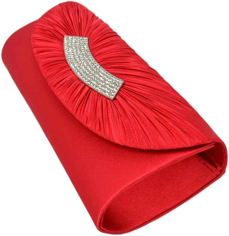 Elegant Pleated Satin Flap Crystal Clutch Evening Bag - Diff Colors Avail