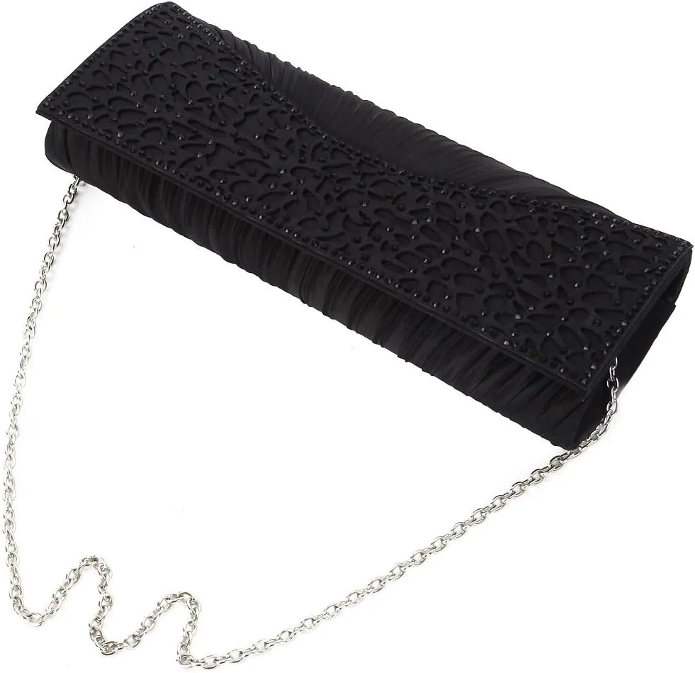 Elegant Pleated Satin Floral Crystal Flap Clutch Evening Bag - Diff Colors Avail