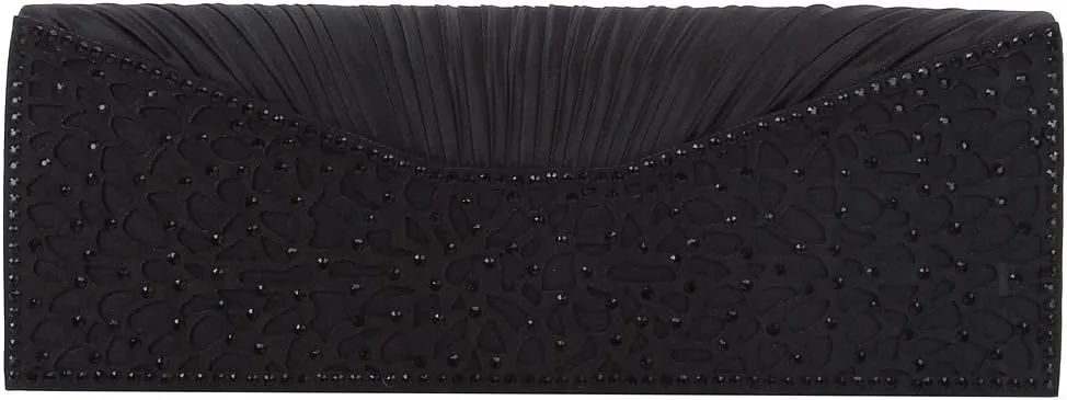 Elegant Pleated Satin Floral Crystal Flap Clutch Evening Bag - Diff Colors Avail