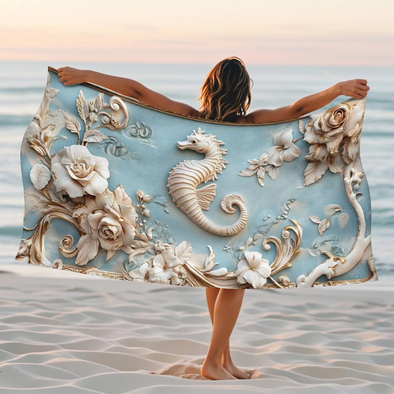 Elegant Seahorses Microfiber Beach Towel Blue Floral Design Quick Dry Absorbent Sand Free Oversized Lightweight Beach Blanket Ideal for Outdoor Travel Pool Picnic Essentials 62x31 Inch