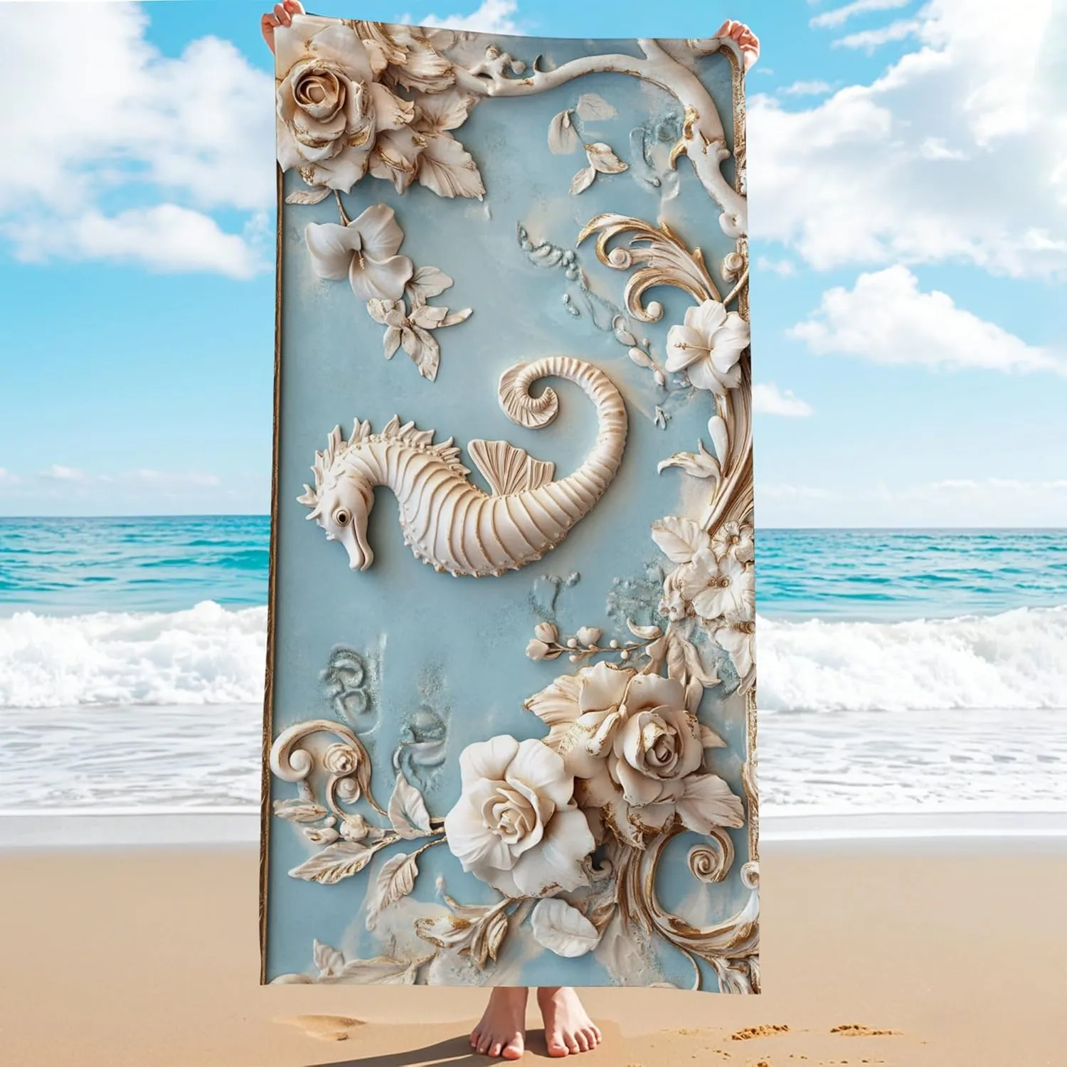 Elegant Seahorses Microfiber Beach Towel Blue Floral Design Quick Dry Absorbent Sand Free Oversized Lightweight Beach Blanket Ideal for Outdoor Travel Pool Picnic Essentials 62x31 Inch