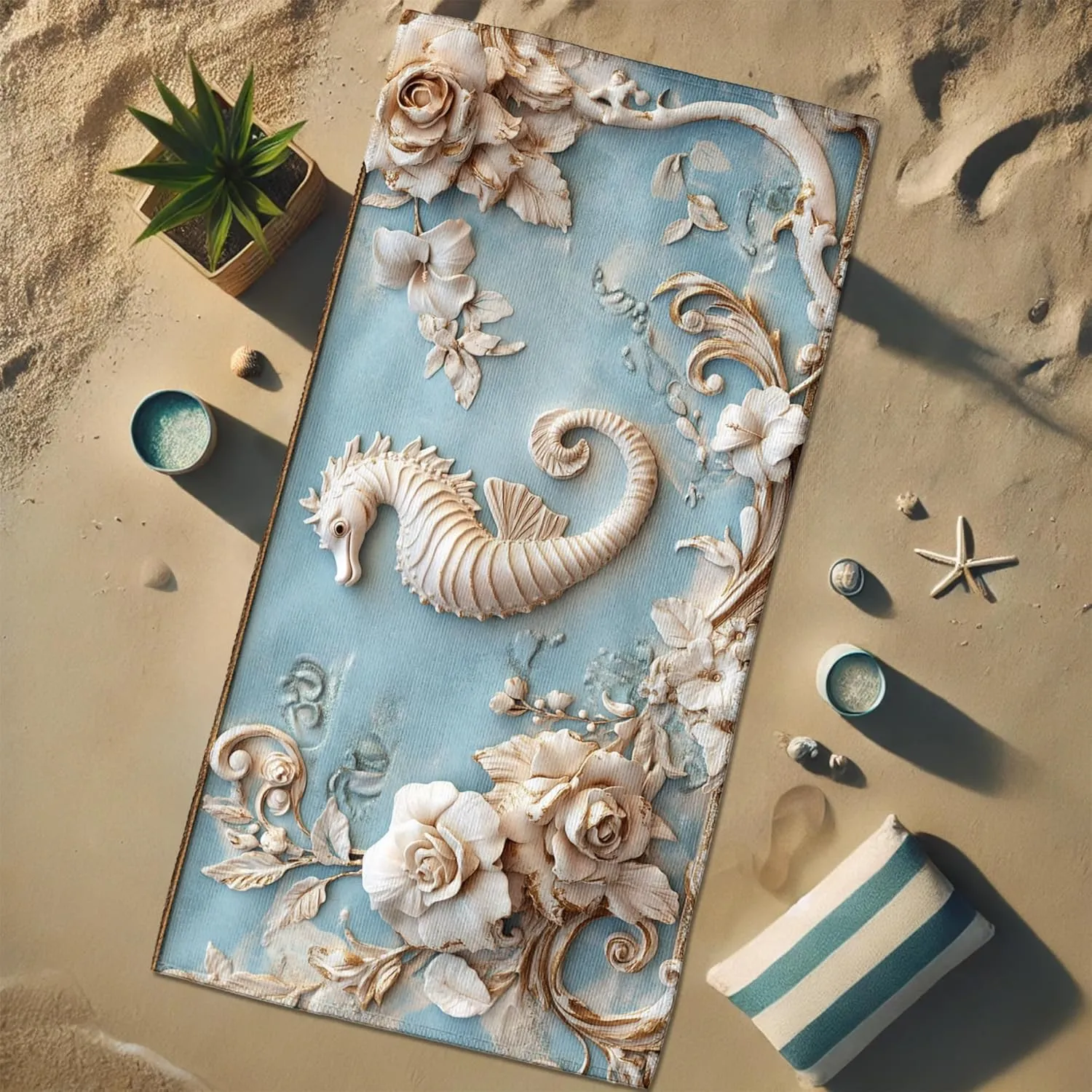 Elegant Seahorses Microfiber Beach Towel Blue Floral Design Quick Dry Absorbent Sand Free Oversized Lightweight Beach Blanket Ideal for Outdoor Travel Pool Picnic Essentials 62x31 Inch