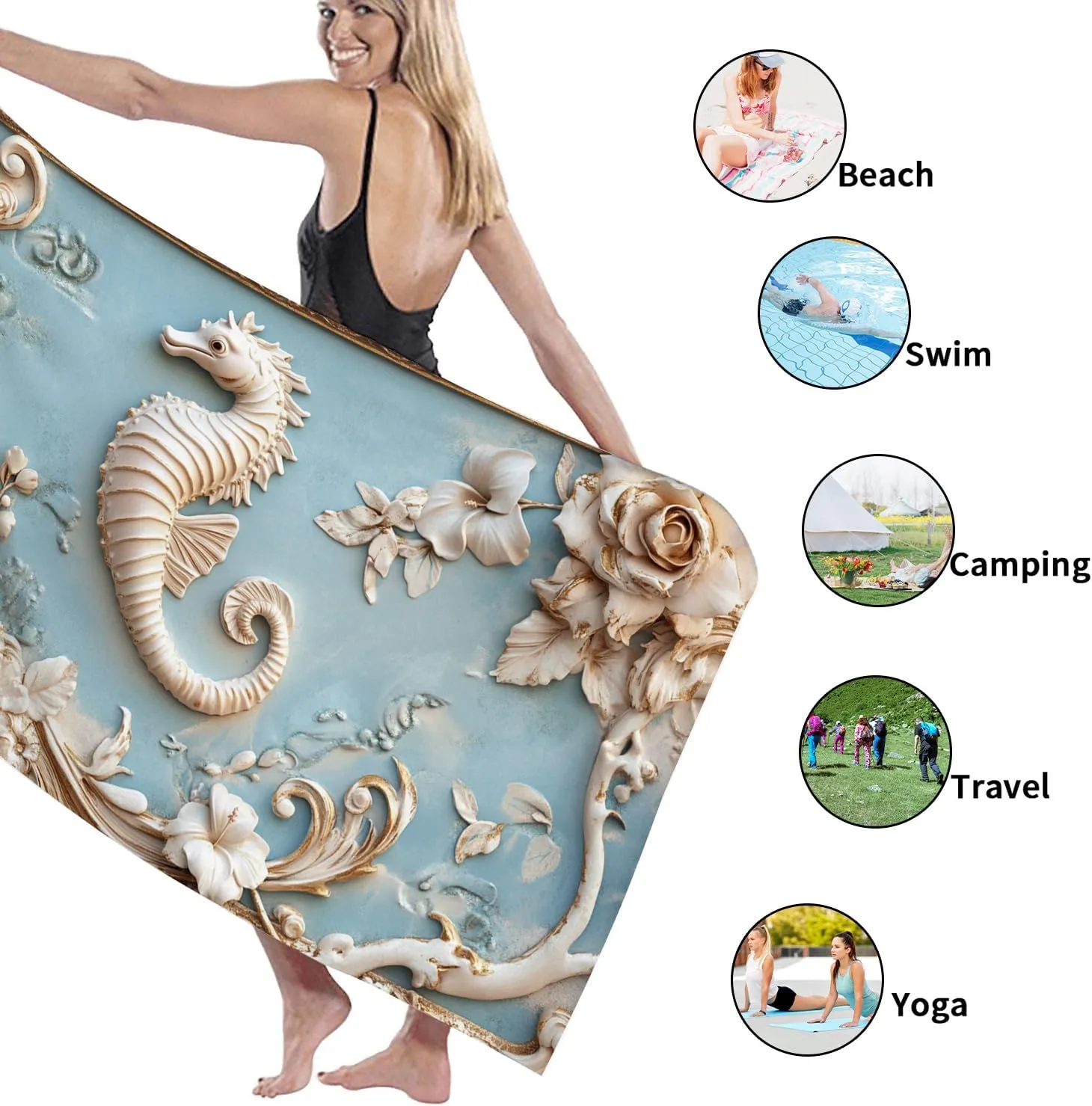 Elegant Seahorses Microfiber Beach Towel Blue Floral Design Quick Dry Absorbent Sand Free Oversized Lightweight Beach Blanket Ideal for Outdoor Travel Pool Picnic Essentials 62x31 Inch