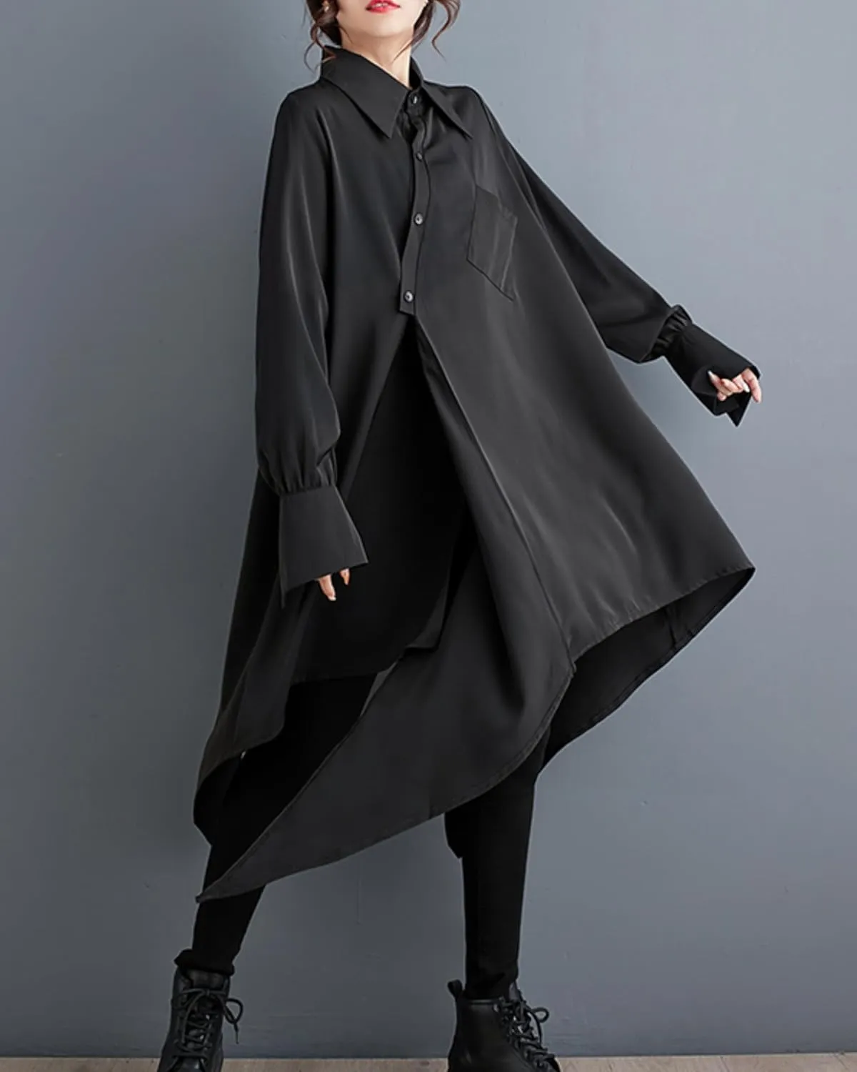 ellazhu Women's Oversized Solid Color Long Sleeve Back Slit Flowy Irregular Hem Shirt GZ150