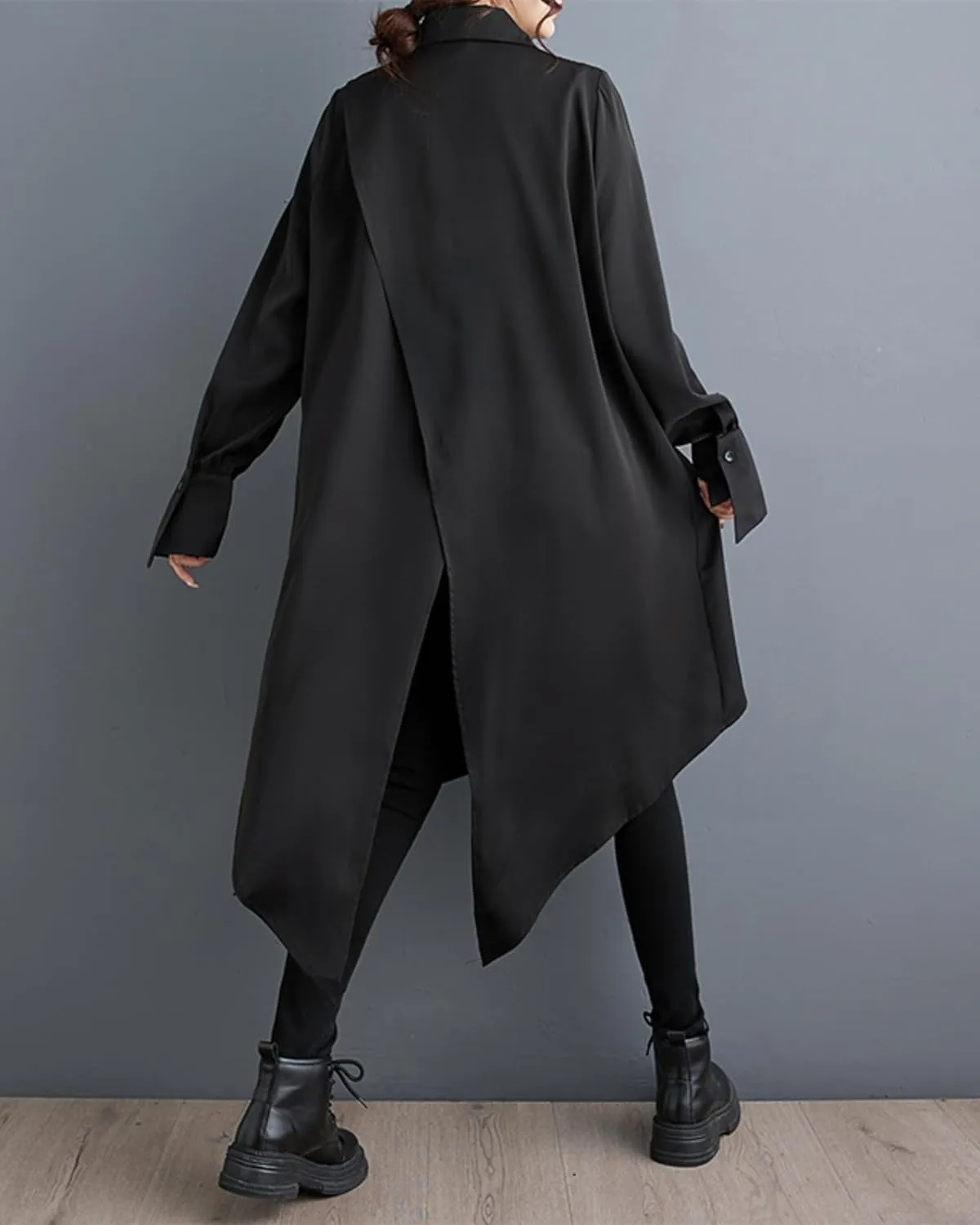 ellazhu Women's Oversized Solid Color Long Sleeve Back Slit Flowy Irregular Hem Shirt GZ150