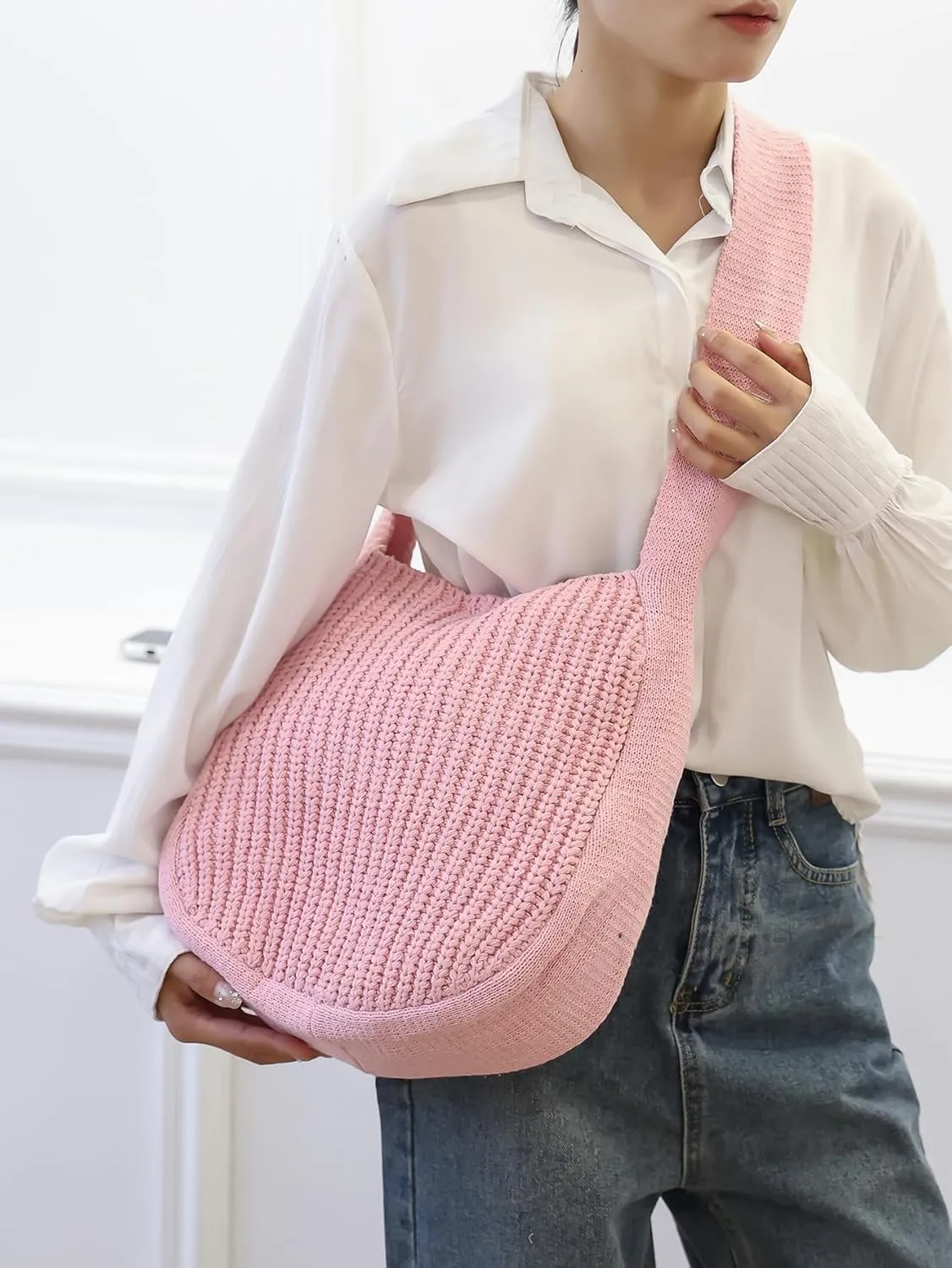 ENBEI Women's Crochet Tote Bag Knit Shoulder bag,Aesthetic Bag,Cute Eco-Friendly Tote for Travel,Daily Use,Gift Box Packaging