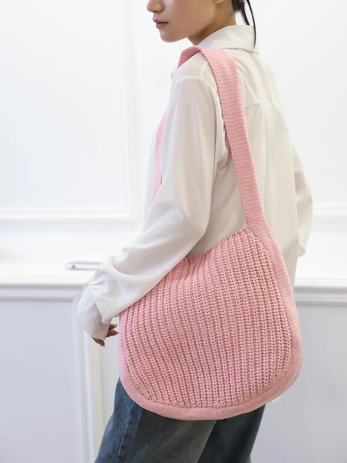 ENBEI Women's Crochet Tote Bag Knit Shoulder bag,Aesthetic Bag,Cute Eco-Friendly Tote for Travel,Daily Use,Gift Box Packaging