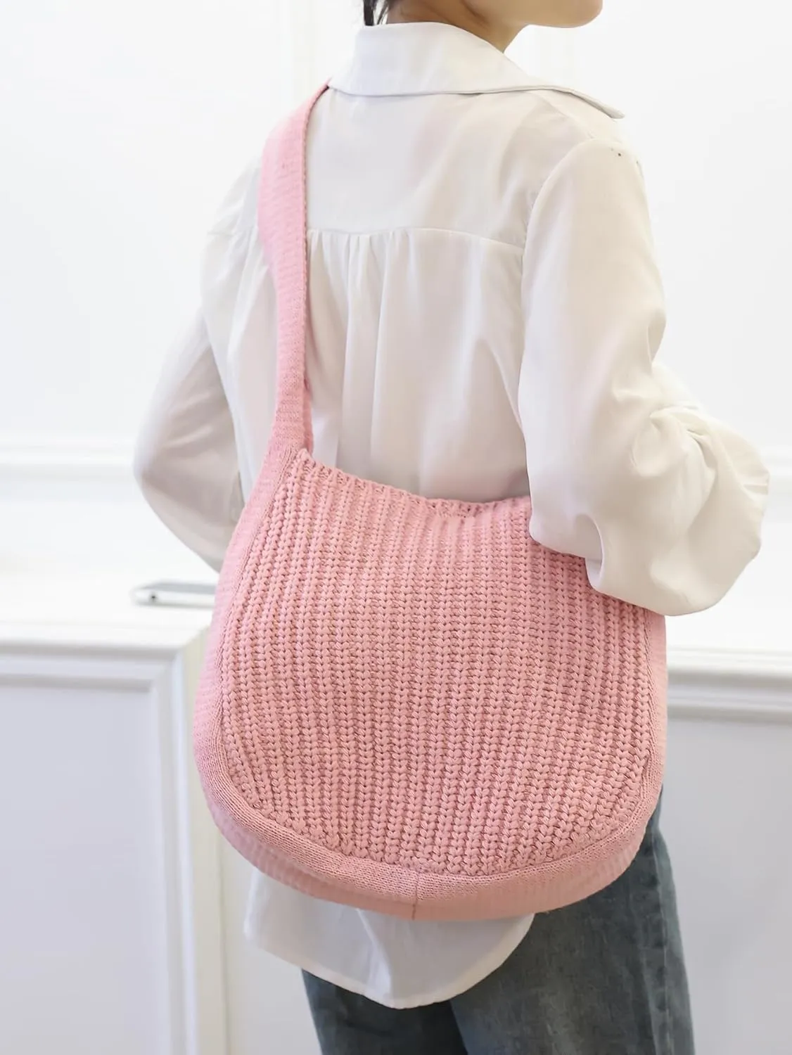 ENBEI Women's Crochet Tote Bag Knit Shoulder bag,Aesthetic Bag,Cute Eco-Friendly Tote for Travel,Daily Use,Gift Box Packaging
