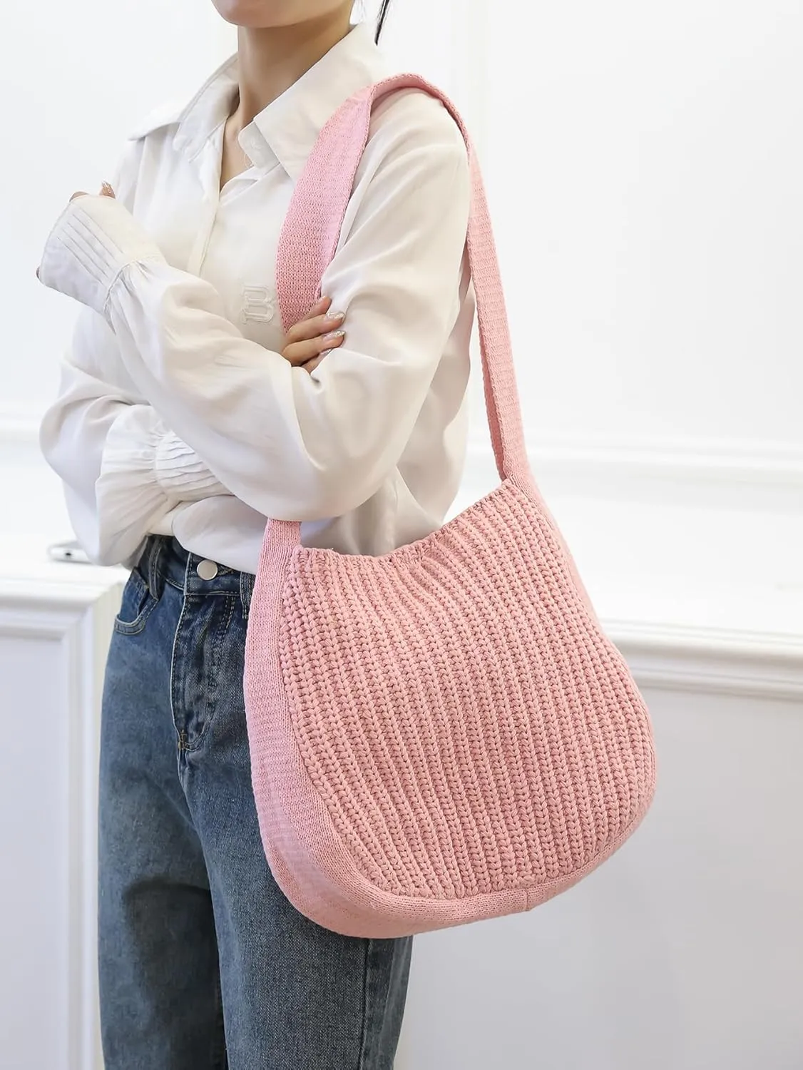 ENBEI Women's Crochet Tote Bag Knit Shoulder bag,Aesthetic Bag,Cute Eco-Friendly Tote for Travel,Daily Use,Gift Box Packaging