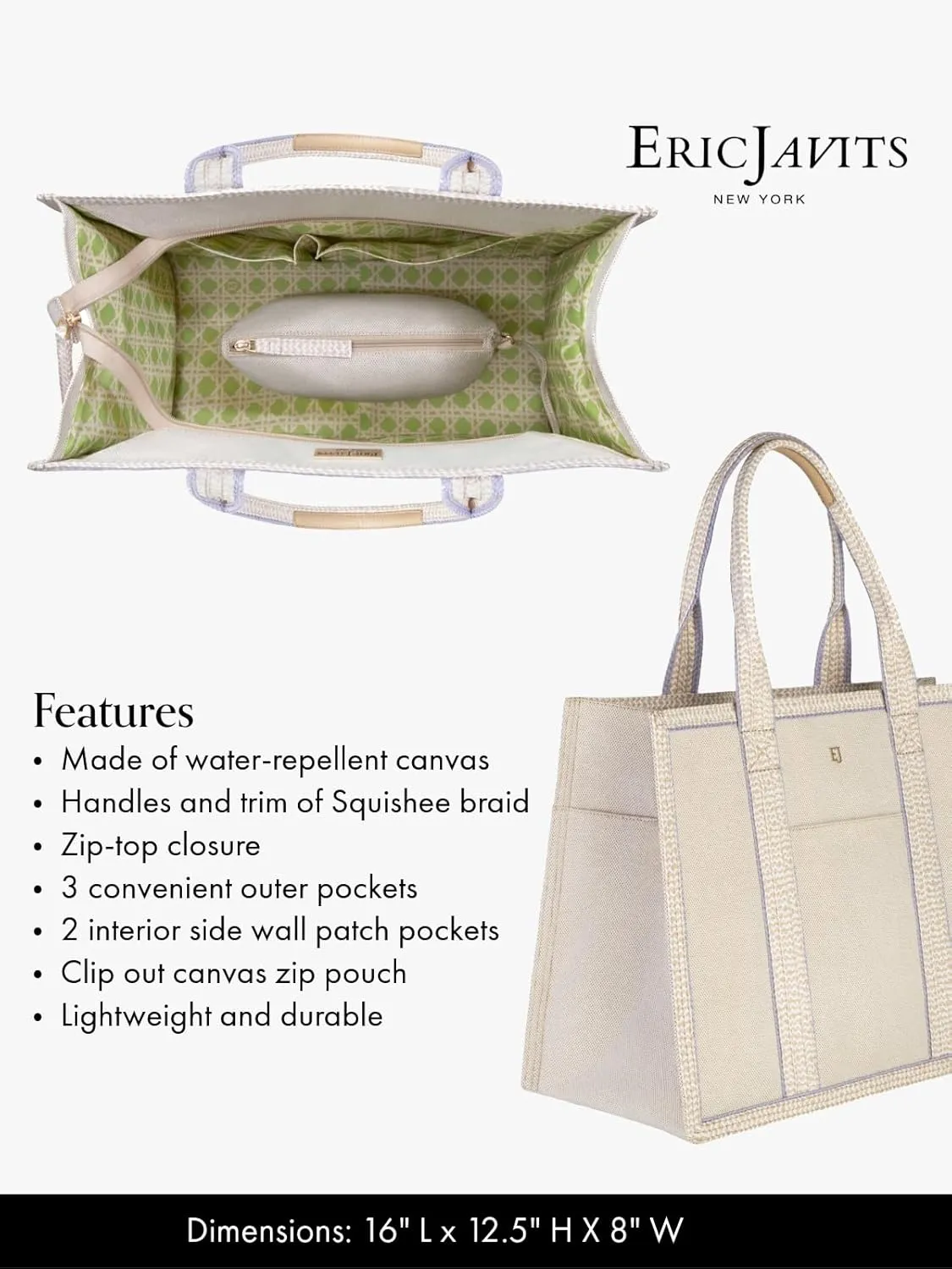 Eric Javits Cote D'Azur Tote Bag - Canvas & Squishee Straw Beach Bags for Women with Zip Pouch & 3 Outer Pockets