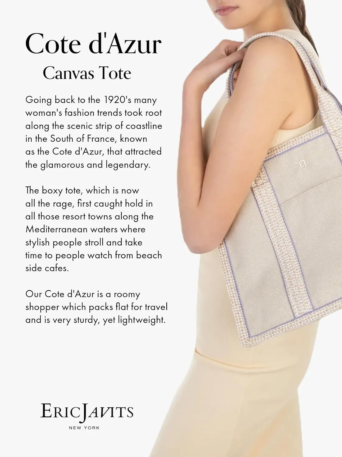 Eric Javits Cote D'Azur Tote Bag - Canvas & Squishee Straw Beach Bags for Women with Zip Pouch & 3 Outer Pockets