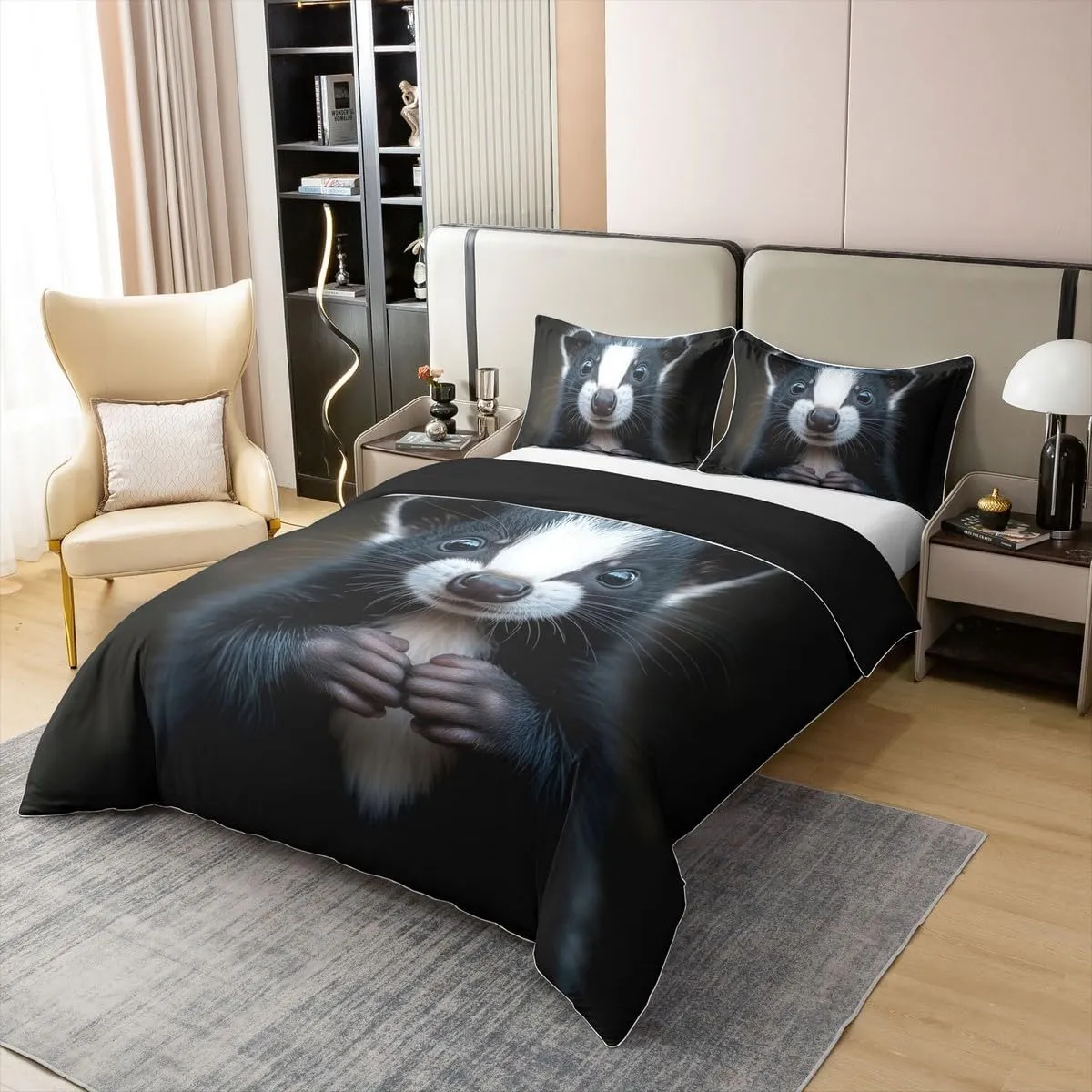 Erosebridal 100% Cotton Skunk Duvet Cover King Size,Black and White 3D Skunk Bedding Set for Kids Boys Gilrs,Stuffed Animal Comforter Cover,Mammal Wildlife Bedspread Cover with 2 Pillow Cases