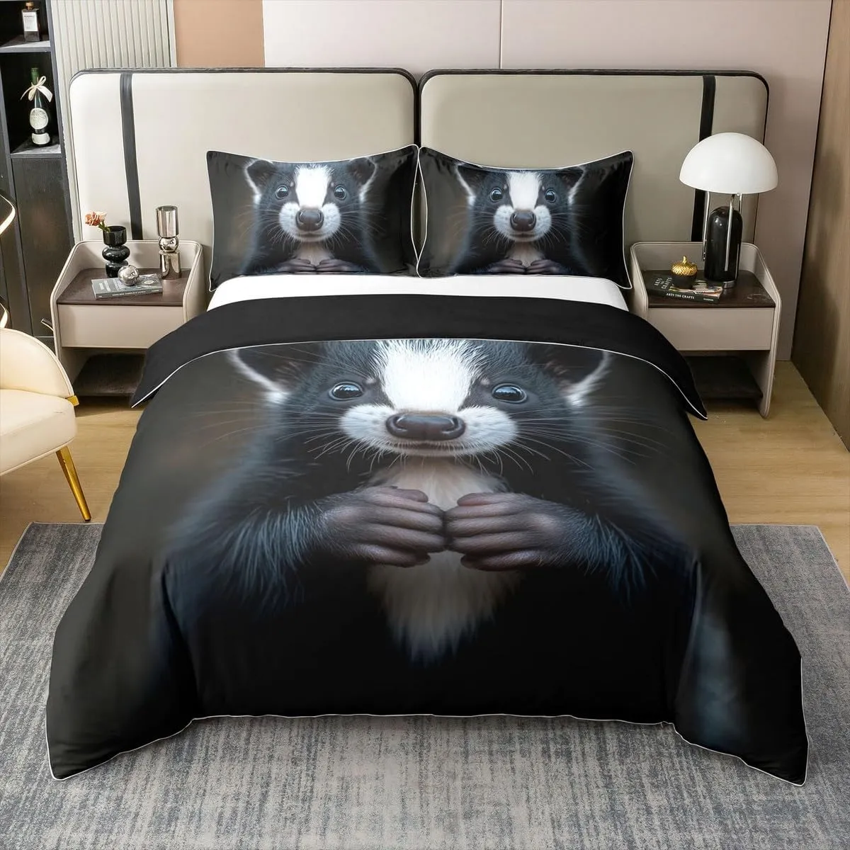 Erosebridal 100% Cotton Skunk Duvet Cover King Size,Black and White 3D Skunk Bedding Set for Kids Boys Gilrs,Stuffed Animal Comforter Cover,Mammal Wildlife Bedspread Cover with 2 Pillow Cases