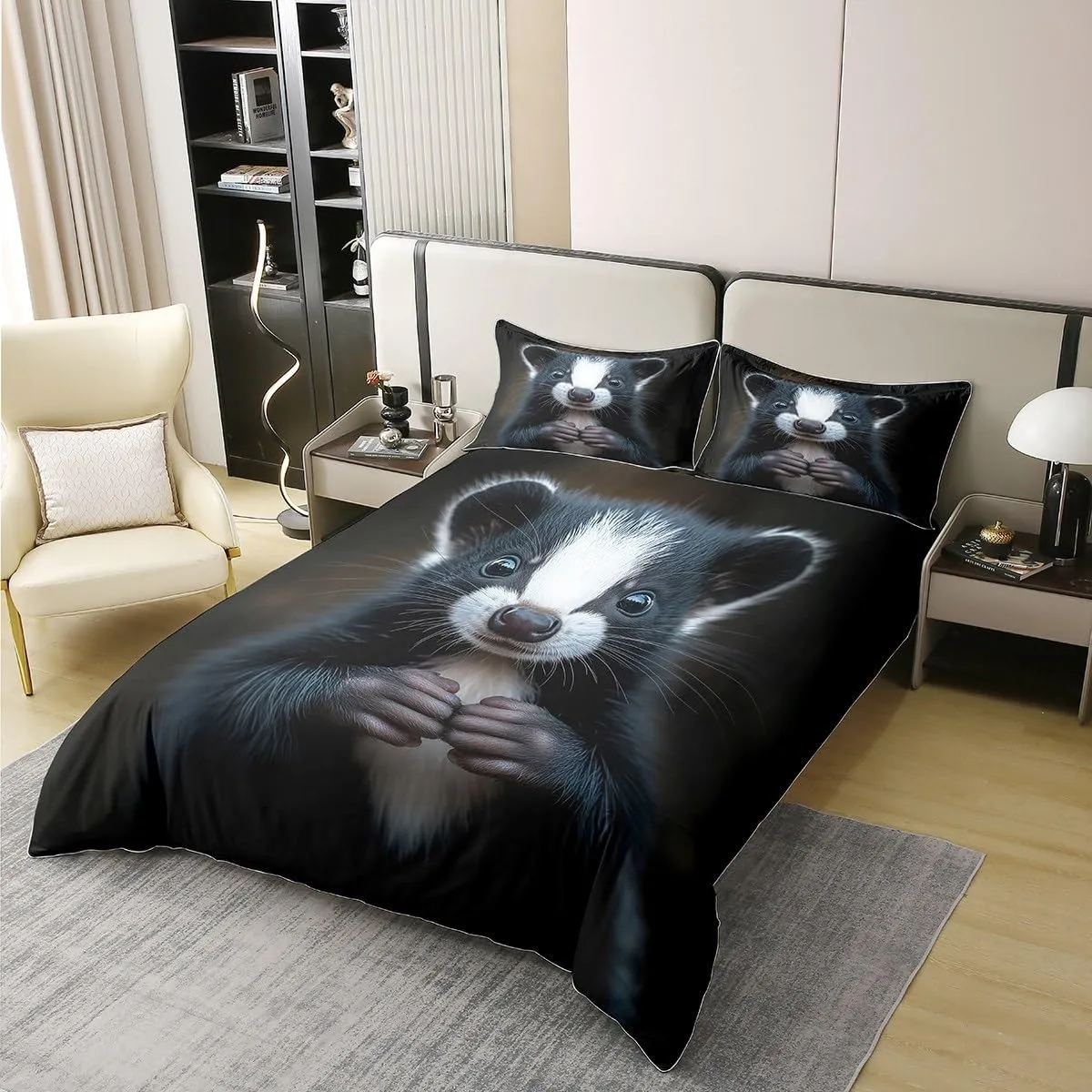 Erosebridal 100% Cotton Skunk Duvet Cover King Size,Black and White 3D Skunk Bedding Set for Kids Boys Gilrs,Stuffed Animal Comforter Cover,Mammal Wildlife Bedspread Cover with 2 Pillow Cases