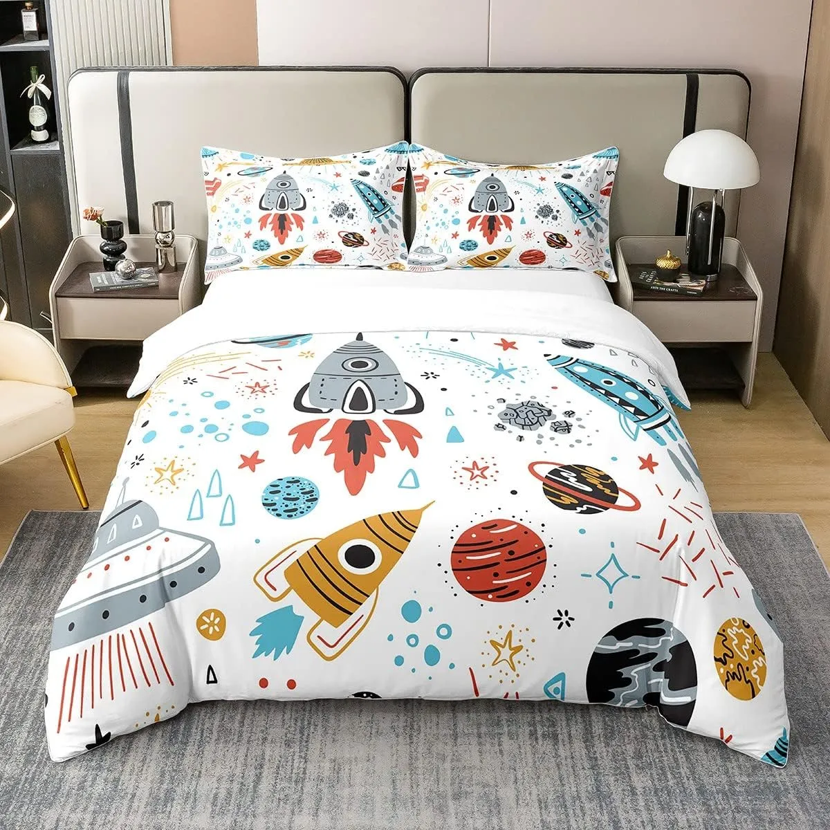 Erosebridal 100% Organic Cotton Outer Space Duvet Cover Queen,Kids Boys Space Ship Rocket Bedding Set,Cartoon Universe Stars Planet Comforter Cover,Cosmos Meteorite Bed Sets with 2 Pillow Cases