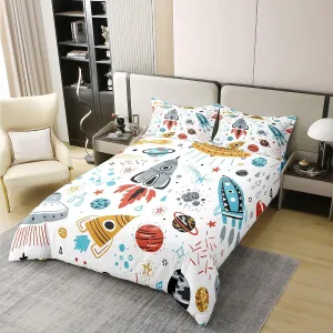 Erosebridal 100% Organic Cotton Outer Space Duvet Cover Queen,Kids Boys Space Ship Rocket Bedding Set,Cartoon Universe Stars Planet Comforter Cover,Cosmos Meteorite Bed Sets with 2 Pillow Cases