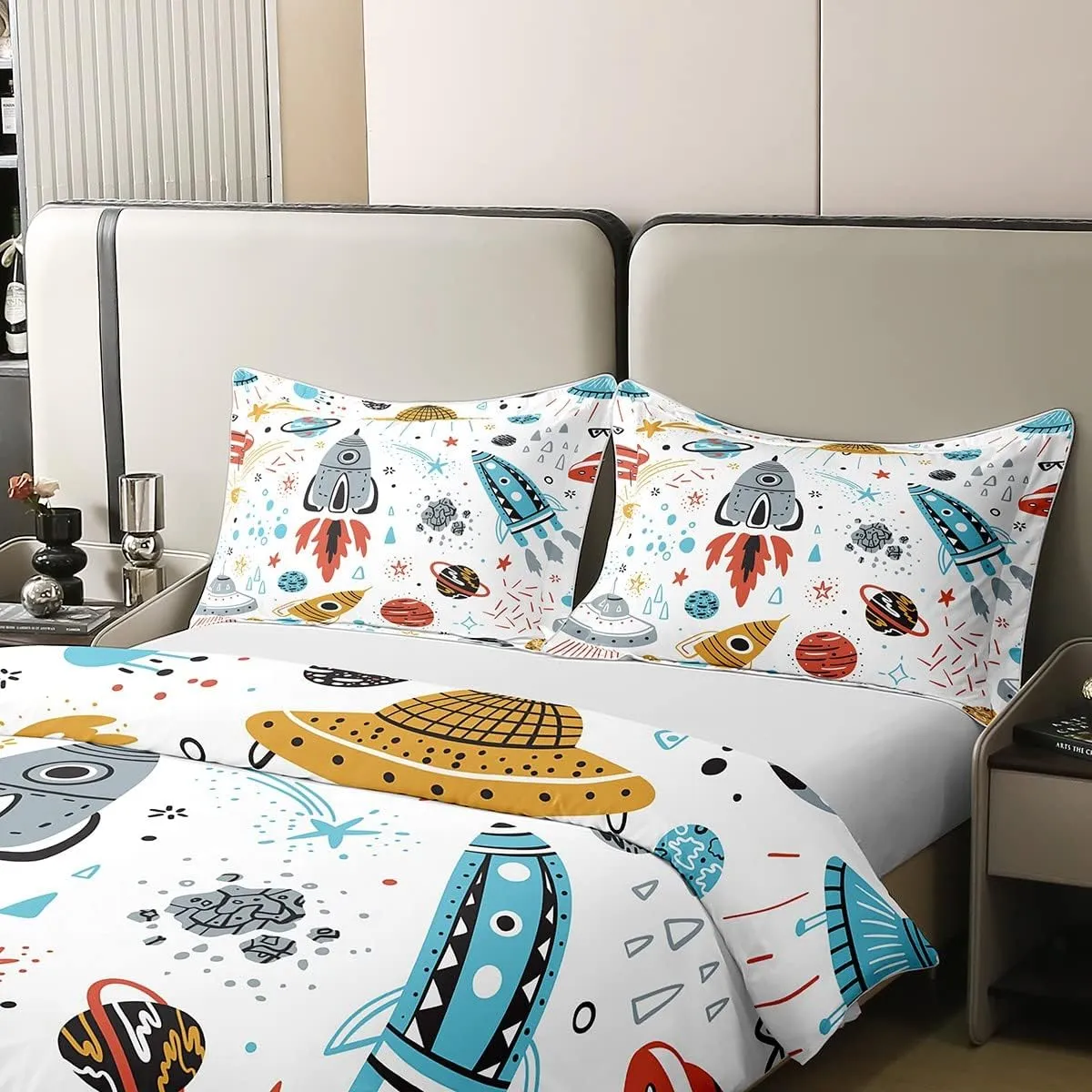 Erosebridal 100% Organic Cotton Outer Space Duvet Cover Queen,Kids Boys Space Ship Rocket Bedding Set,Cartoon Universe Stars Planet Comforter Cover,Cosmos Meteorite Bed Sets with 2 Pillow Cases