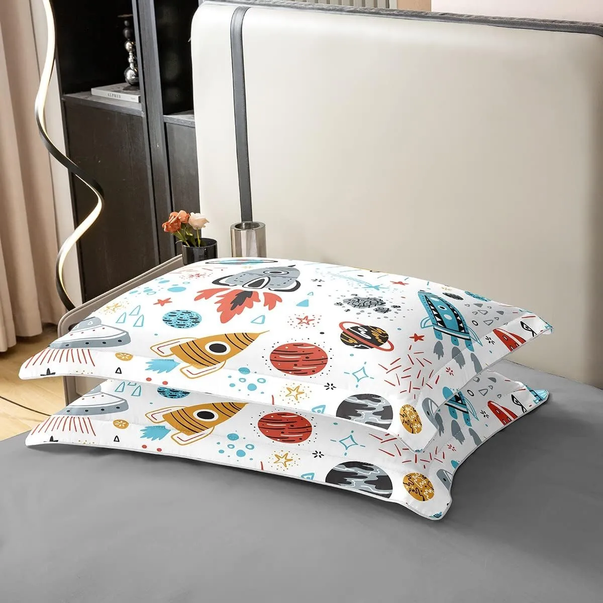 Erosebridal 100% Organic Cotton Outer Space Duvet Cover Queen,Kids Boys Space Ship Rocket Bedding Set,Cartoon Universe Stars Planet Comforter Cover,Cosmos Meteorite Bed Sets with 2 Pillow Cases