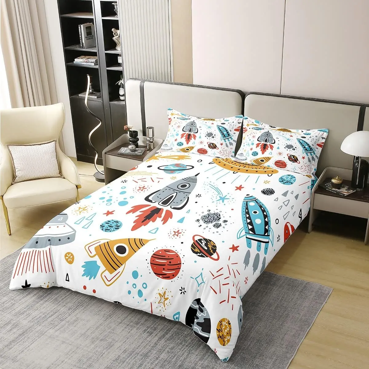 Erosebridal 100% Organic Cotton Outer Space Duvet Cover Queen,Kids Boys Space Ship Rocket Bedding Set,Cartoon Universe Stars Planet Comforter Cover,Cosmos Meteorite Bed Sets with 2 Pillow Cases