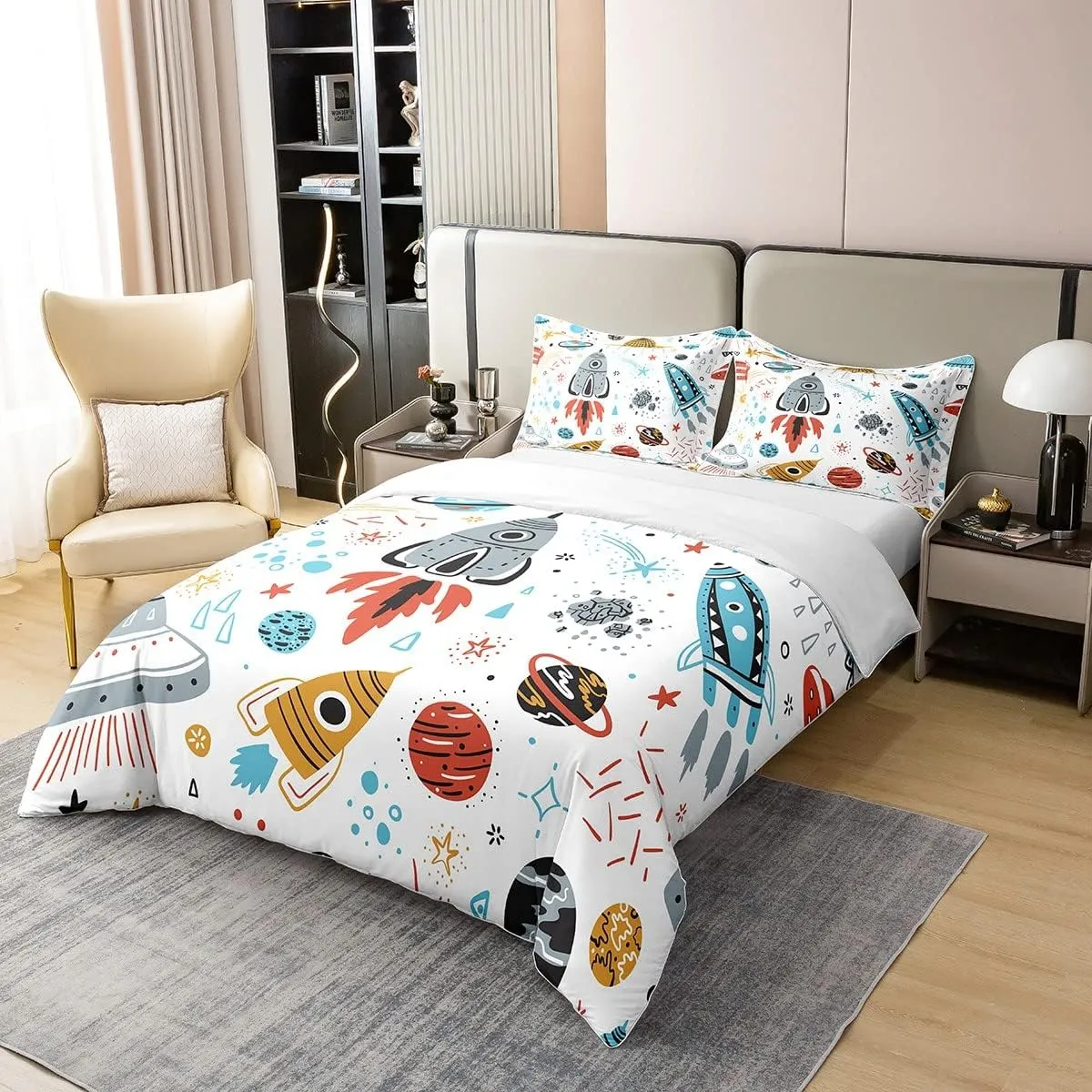 Erosebridal 100% Organic Cotton Outer Space Duvet Cover Queen,Kids Boys Space Ship Rocket Bedding Set,Cartoon Universe Stars Planet Comforter Cover,Cosmos Meteorite Bed Sets with 2 Pillow Cases