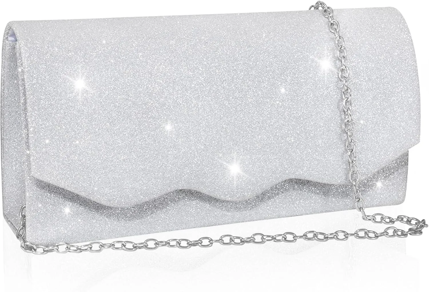 Evening Bag Clutch Purse for Women, Sparkling Formal Handbag with Crossbody Chain, Wave-Shape Silver Purse for Womens Ladies Girls, Small Cute Shoulder Bag for Wedding Prom Cocktail Party