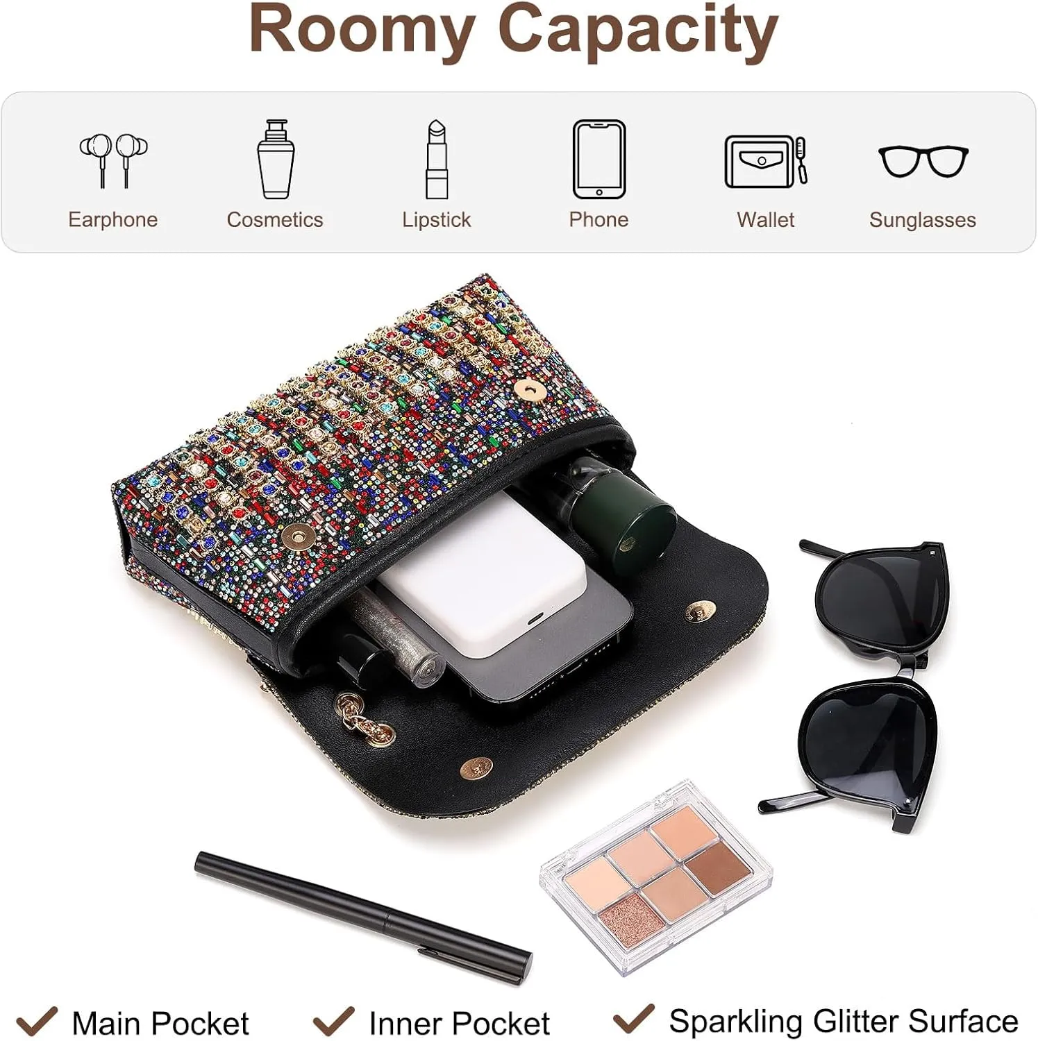 Evening Bags Clutch Purses for Women Formal, Crossbody Handbag with Chain Shoulder Crystal Rhinestone Bag Sparkly Stylish for Wedding Bride Guest Party Colorful