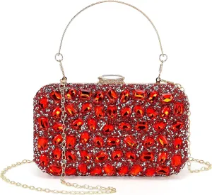 Evening Bags Clutch Purses for Women Formal, Gemstone Handbag Crystal Rhinestone Crossbody Square Bag with Chain Shoulder Bag Sparkly for Wedding Guest Party Red