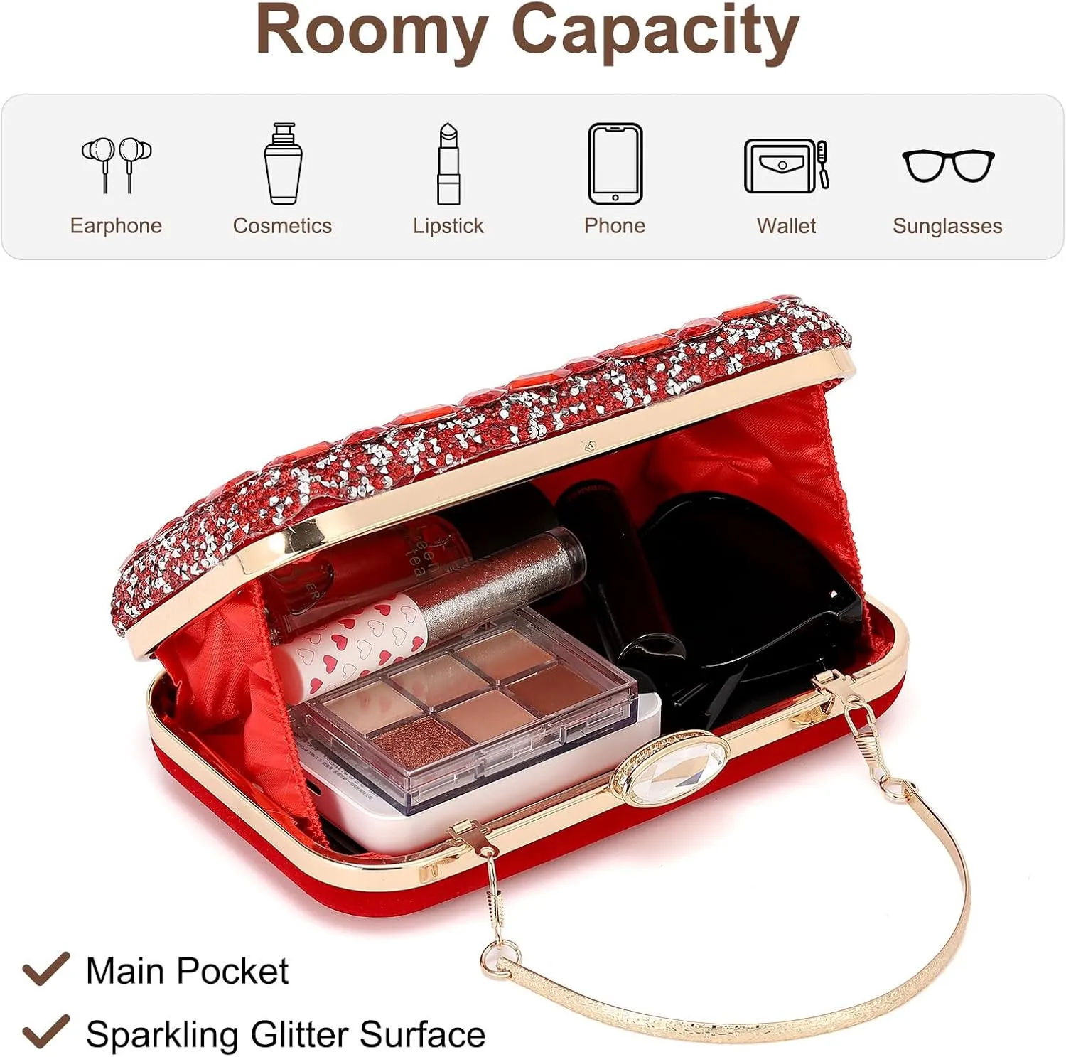 Evening Bags Clutch Purses for Women Formal, Gemstone Handbag Crystal Rhinestone Crossbody Square Bag with Chain Shoulder Bag Sparkly for Wedding Guest Party Red