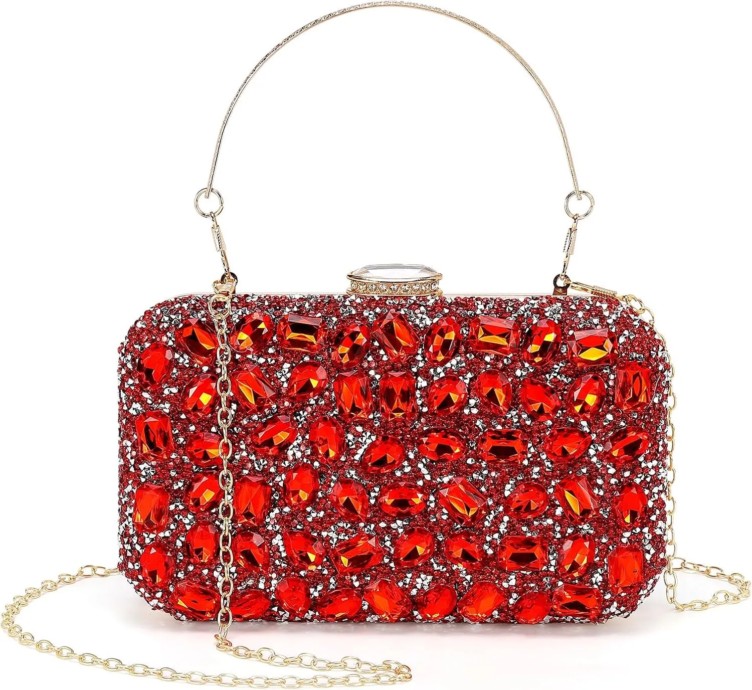 Evening Bags Clutch Purses for Women Formal, Gemstone Handbag Crystal Rhinestone Crossbody Square Bag with Chain Shoulder Bag Sparkly for Wedding Guest Party Red