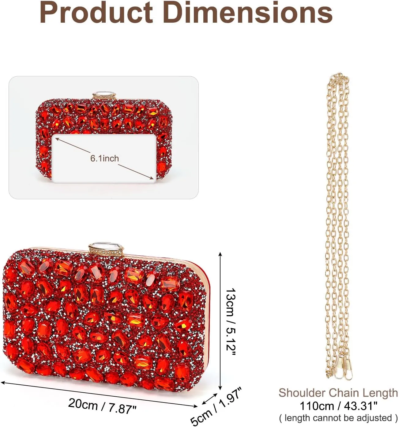 Evening Bags Clutch Purses for Women Formal, Gemstone Handbag Crystal Rhinestone Crossbody Square Bag with Chain Shoulder Bag Sparkly for Wedding Guest Party Red