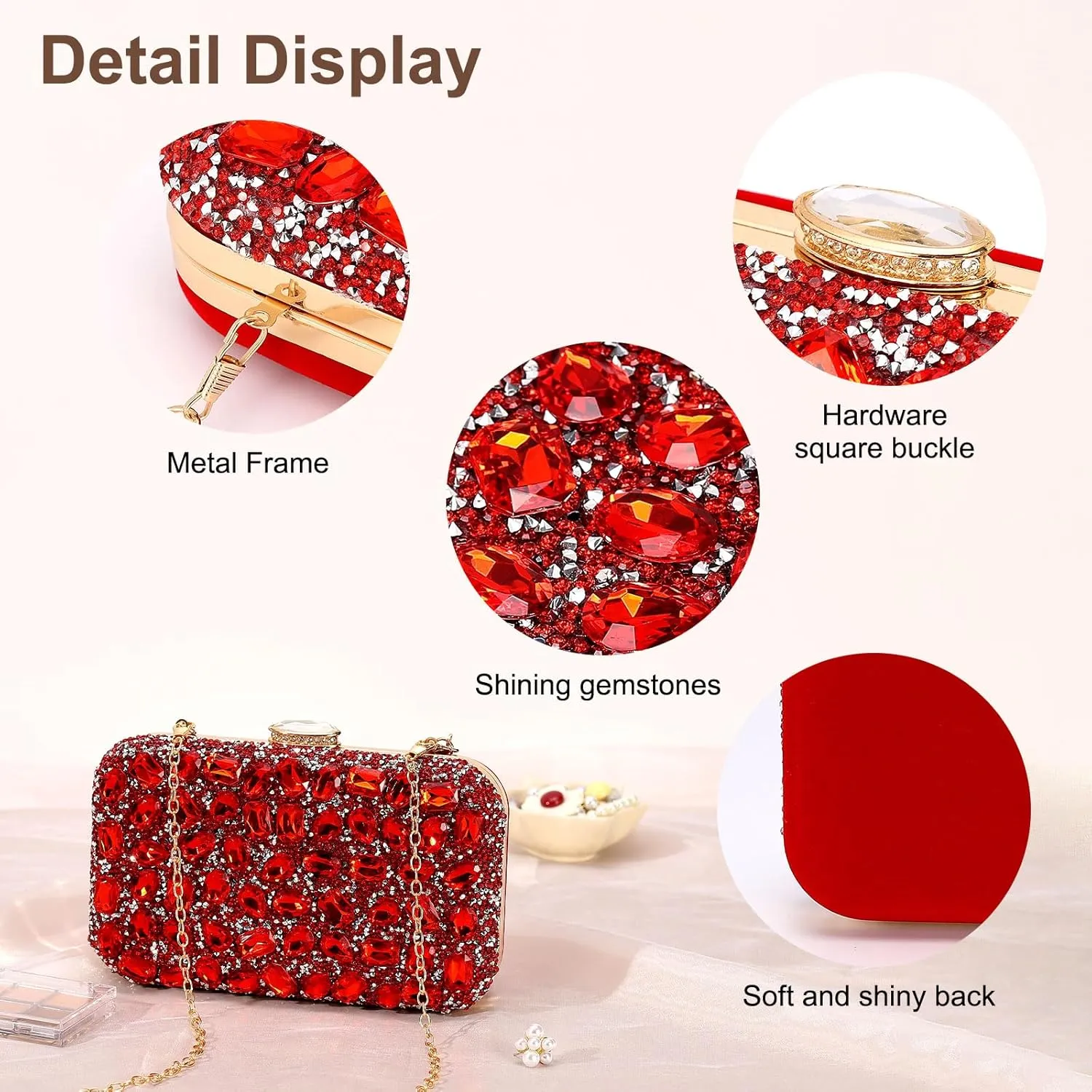 Evening Bags Clutch Purses for Women Formal, Gemstone Handbag Crystal Rhinestone Crossbody Square Bag with Chain Shoulder Bag Sparkly for Wedding Guest Party Red