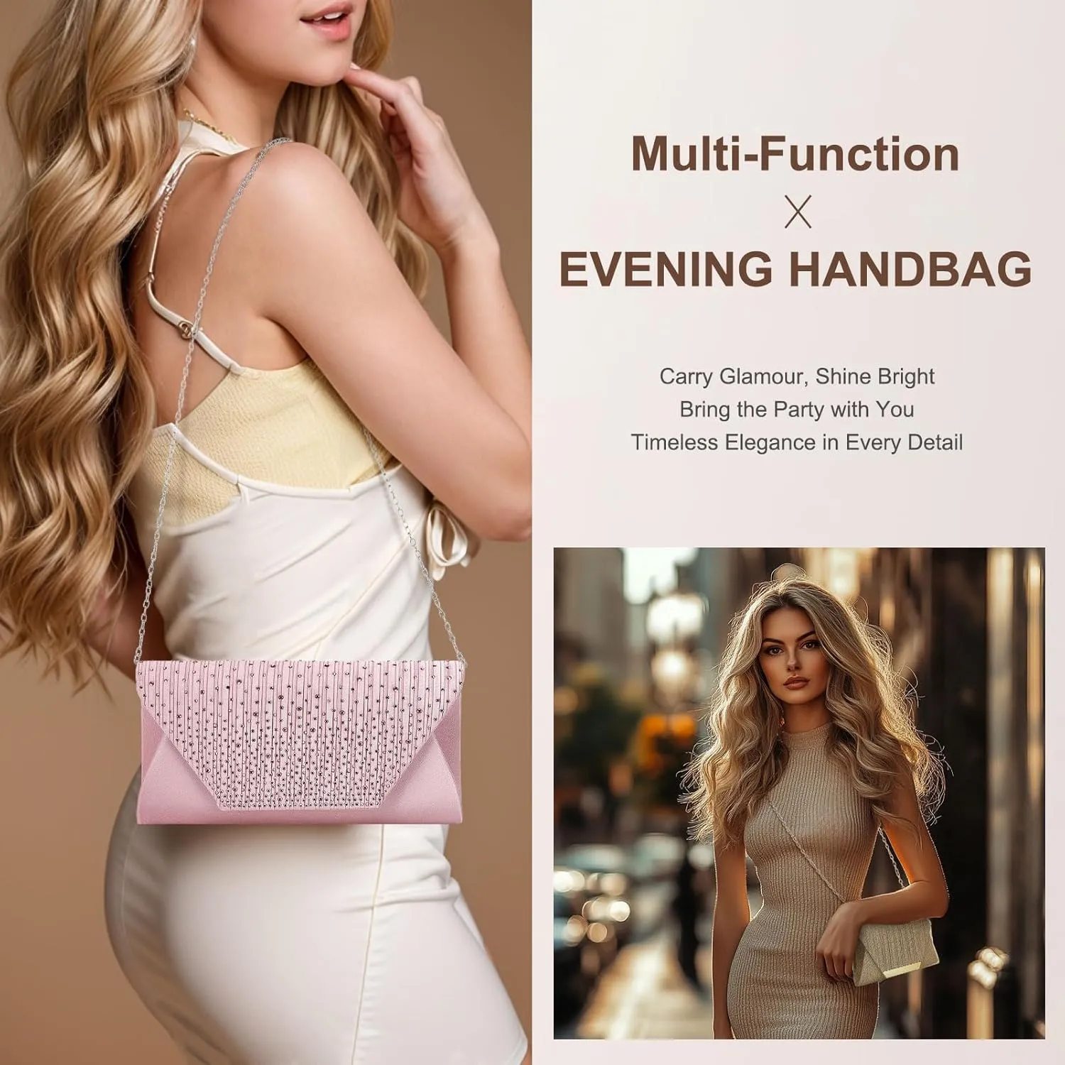Evening Bags Clutch Purses for Women Formal, Purse Handbag Crossbody Bag Crystal Rhinestone with Chain Strap Shoulder Bag Sparkly for Wedding Guest Party Apricot