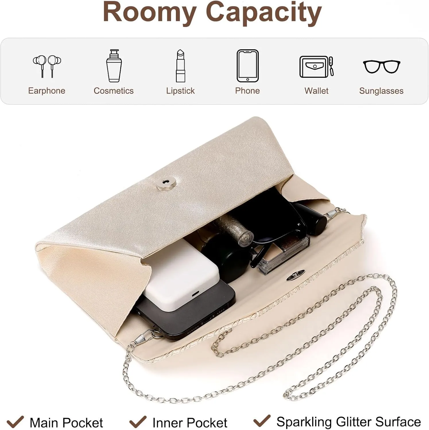 Evening Bags Clutch Purses for Women Formal, Purse Handbag Crossbody Bag Crystal Rhinestone with Chain Strap Shoulder Bag Sparkly for Wedding Guest Party Apricot