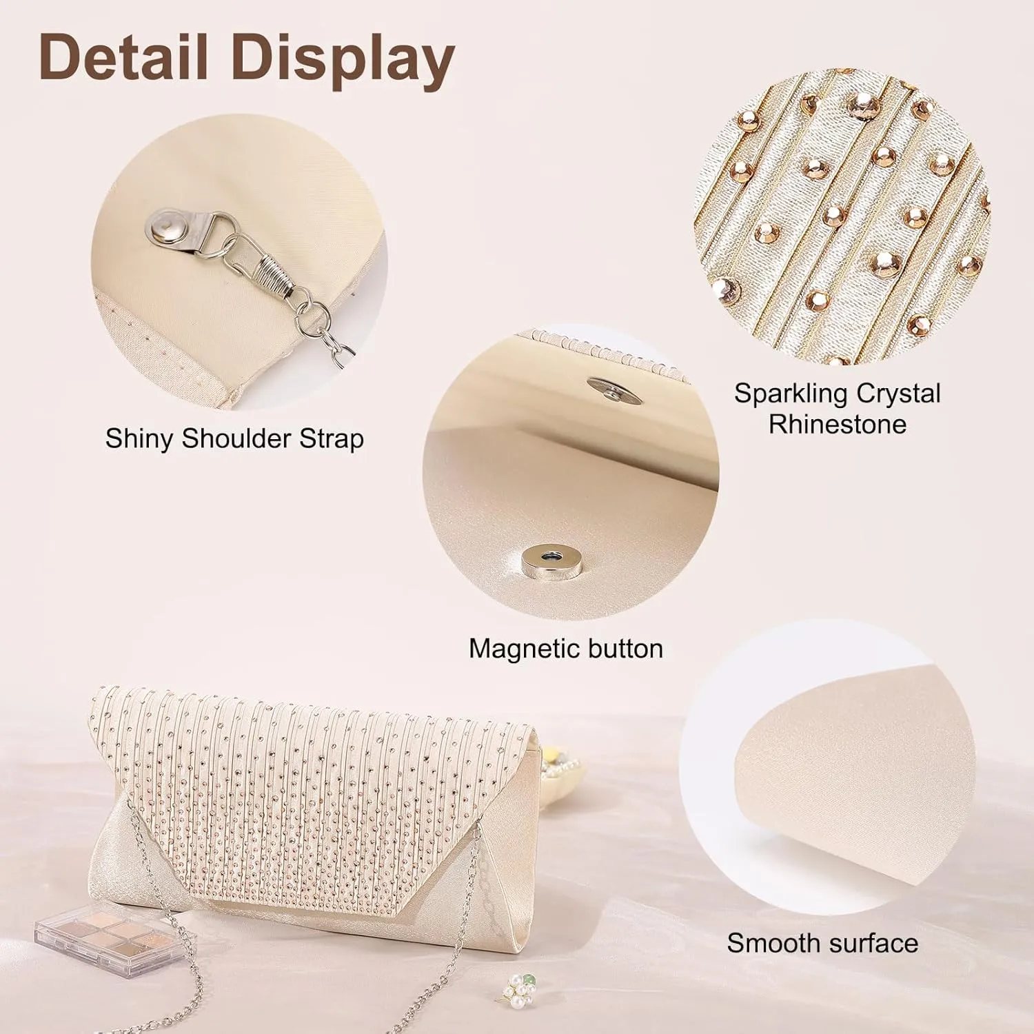 Evening Bags Clutch Purses for Women Formal, Purse Handbag Crossbody Bag Crystal Rhinestone with Chain Strap Shoulder Bag Sparkly for Wedding Guest Party Apricot