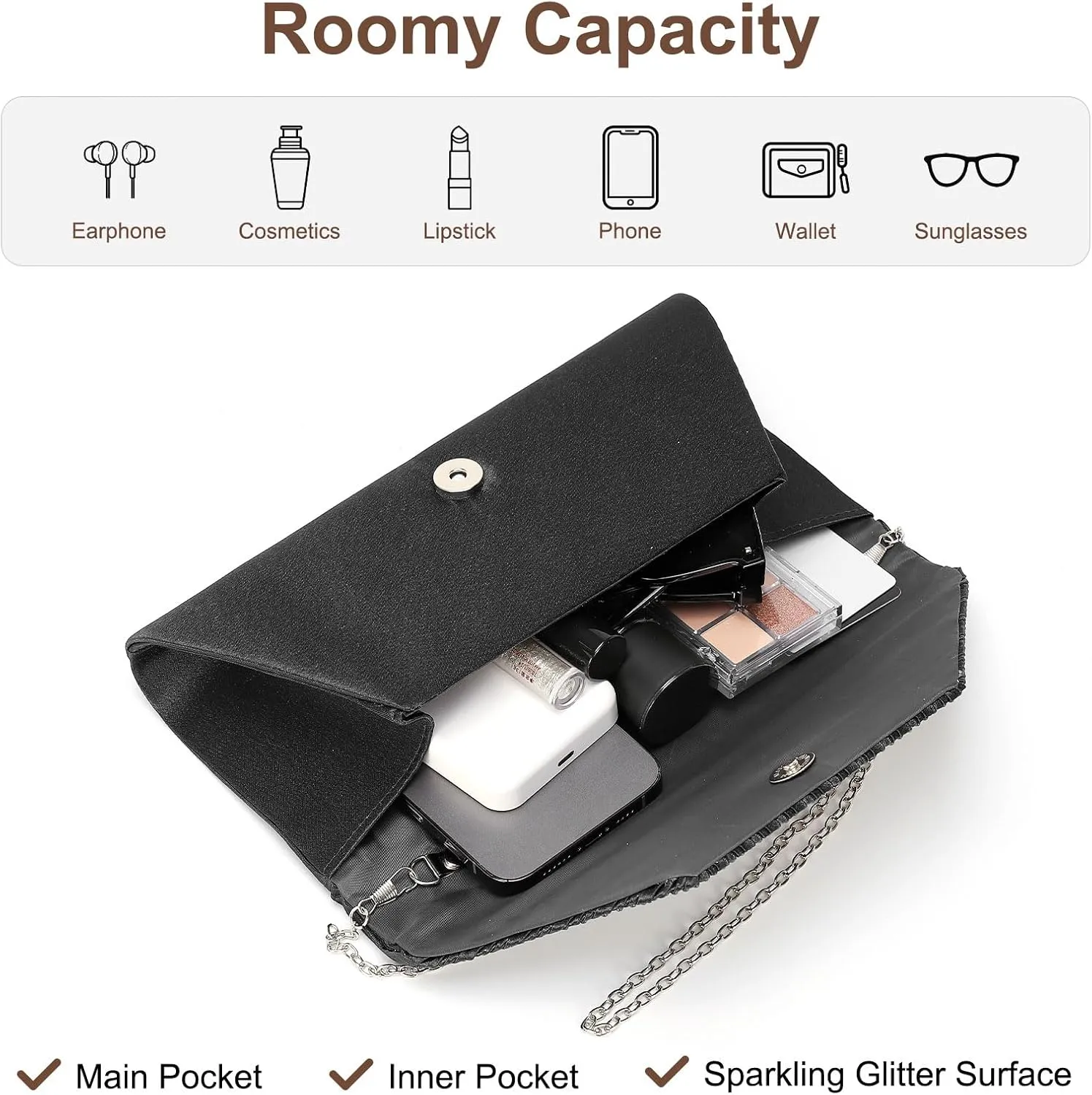 Evening Bags Clutch Purses for Women Formal, Purse Handbag Crossbody Bag Crystal Rhinestone with Chain Strap Shoulder Bag Sparkly for Wedding Guest Party Black