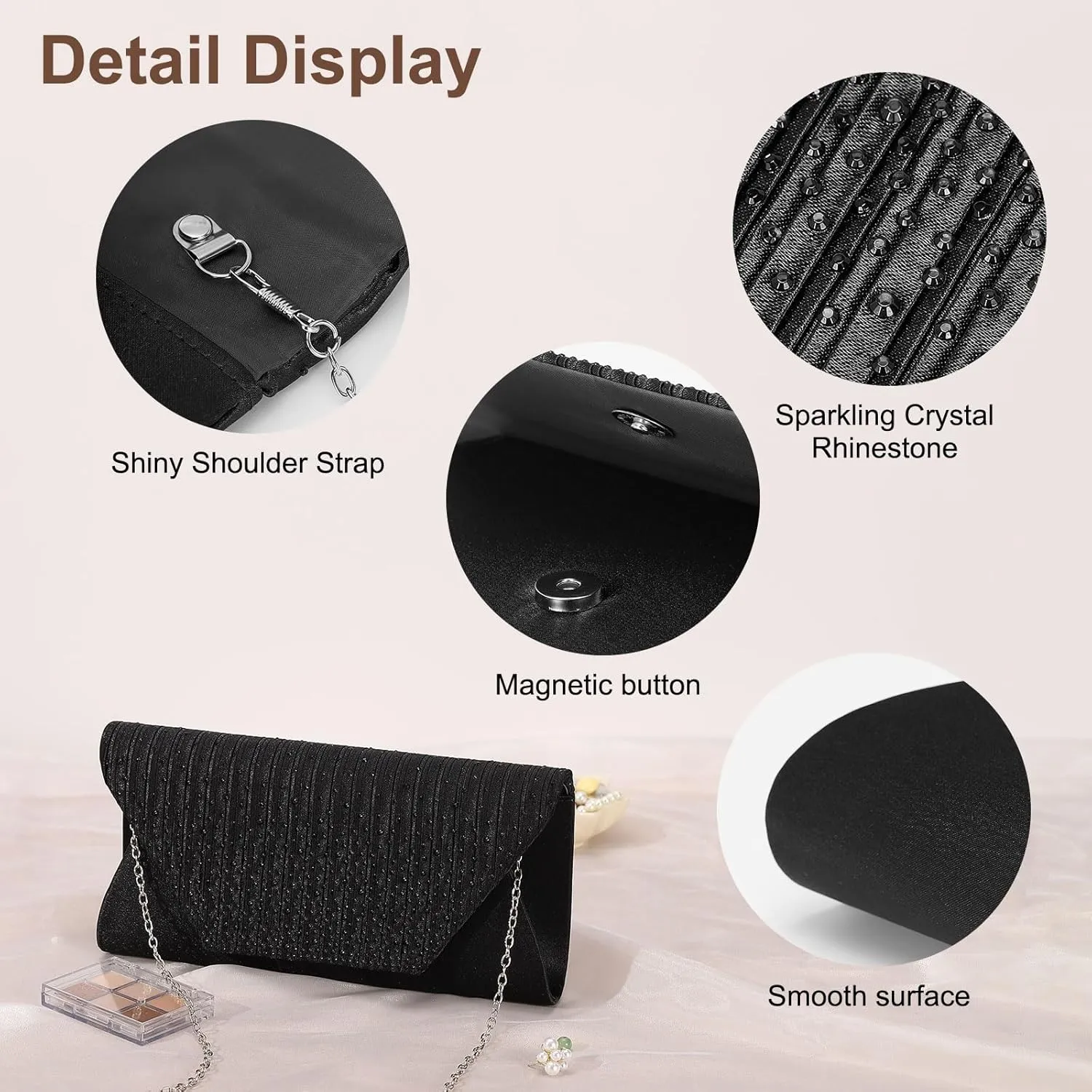 Evening Bags Clutch Purses for Women Formal, Purse Handbag Crossbody Bag Crystal Rhinestone with Chain Strap Shoulder Bag Sparkly for Wedding Guest Party Black