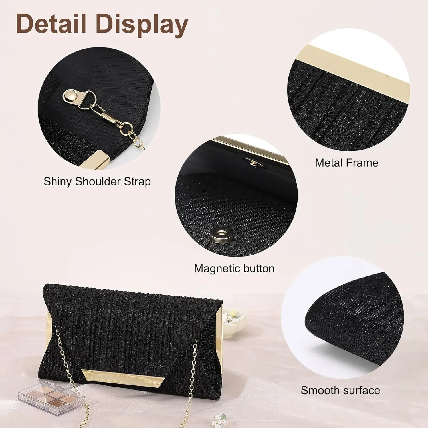 Evening Bags Clutch Purses for Women Formal, Purse Handbag Crossbody Bag with Chain Strap Shoulder Bag Sparkly for Wedding Guest Party Black