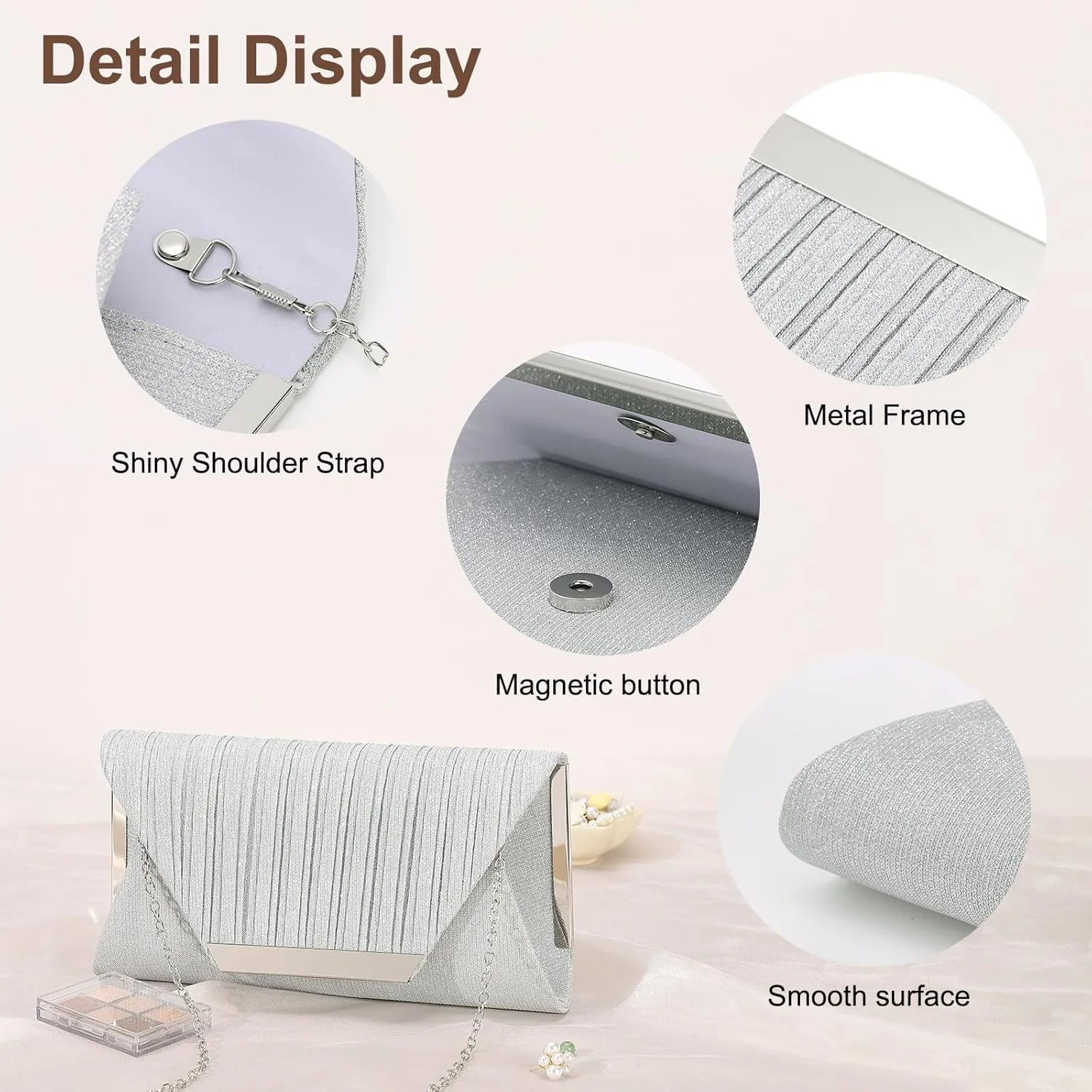 Evening Bags Clutch Purses for Women Formal, Purse Handbag Crossbody Bag with Chain Strap Shoulder Bag Sparkly for Wedding Guest Party Silver