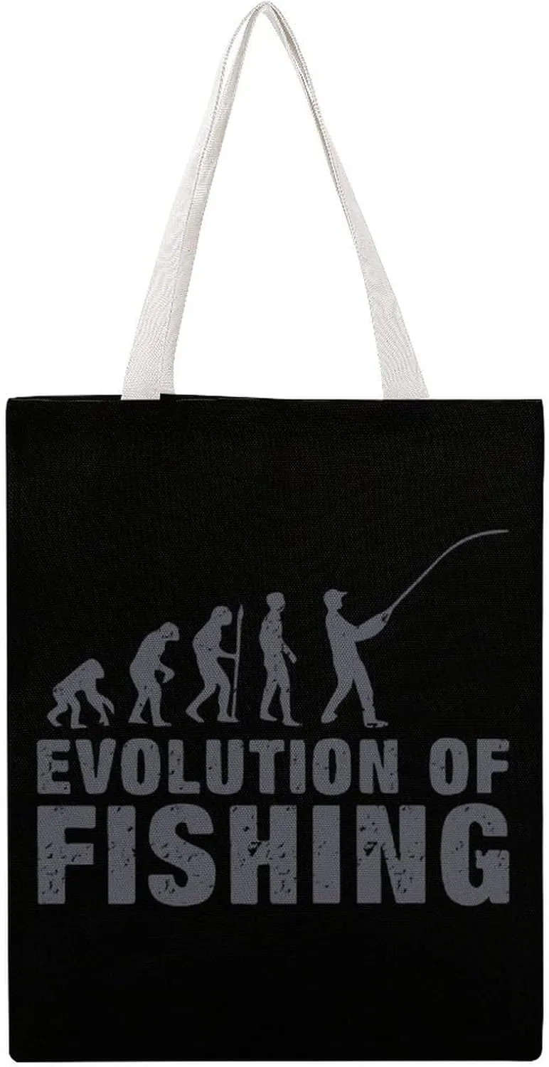 Evolution Fishing Canvas Tote Bag Reusable Grocery Shopping Bag Lightweight Shoulder Bag for Men Women