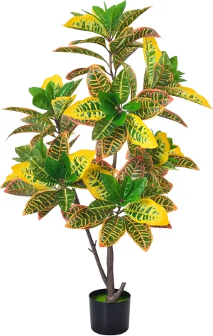Fake Plant Rubber Tree Artificial - Faux Potted Tropical Burgundy Ficus Elastica Tree Large Floor Plants for Home Office Porch Balcony Room Decor (Croton Tree, 4Ft-1Pack)